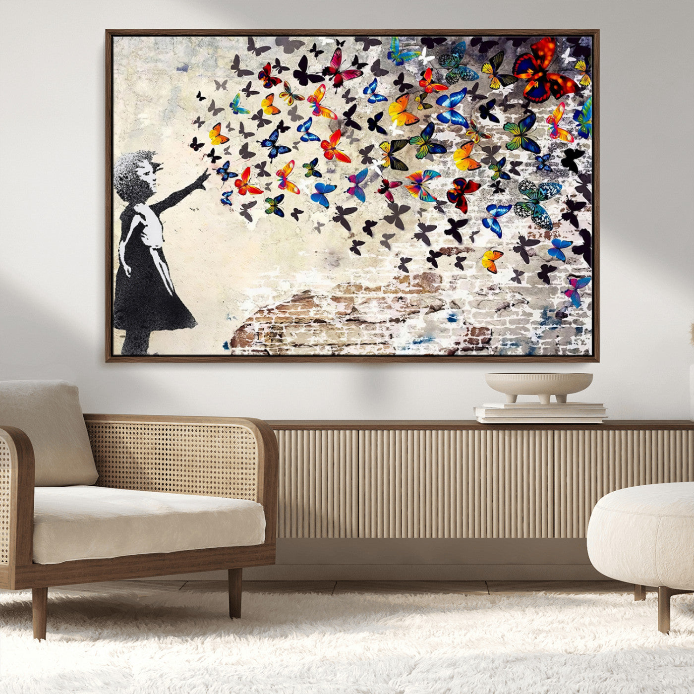 MGV-FC-36X24 - Banksy Graffiti Wall Art Canvas Print: Girl Releasing Vibrant Butterflies – Ready to Hang