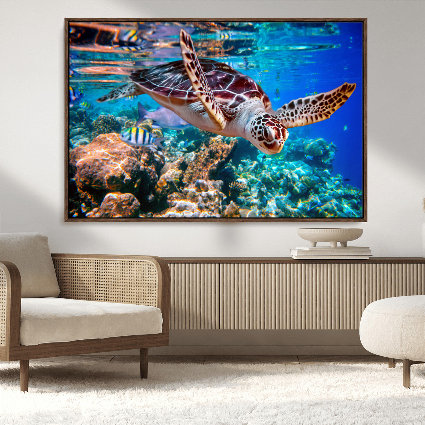 MGV-FC-36X24 - Underwater Coral Reef Sea Turtle Wall Art Canvas Print, Vibrant Marine Life | Colorful Ocean Scene