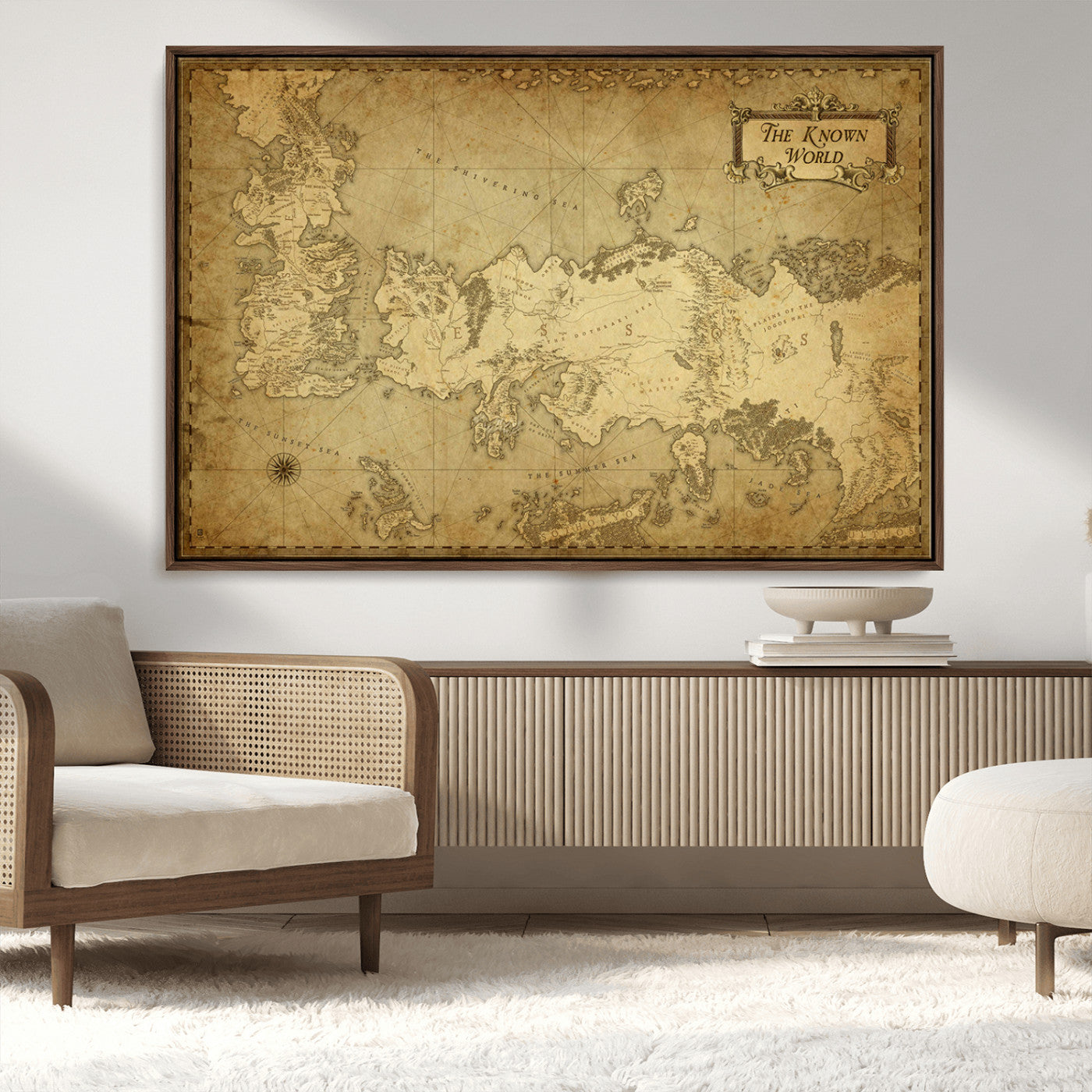 MGV-FC-36X24 - Vintage Game of Thrones Map Wall Art | Westeros and Essos Antique Style Print | The Known World in Triptych Canvas | Giclee Canvas for Fantasy Lovers