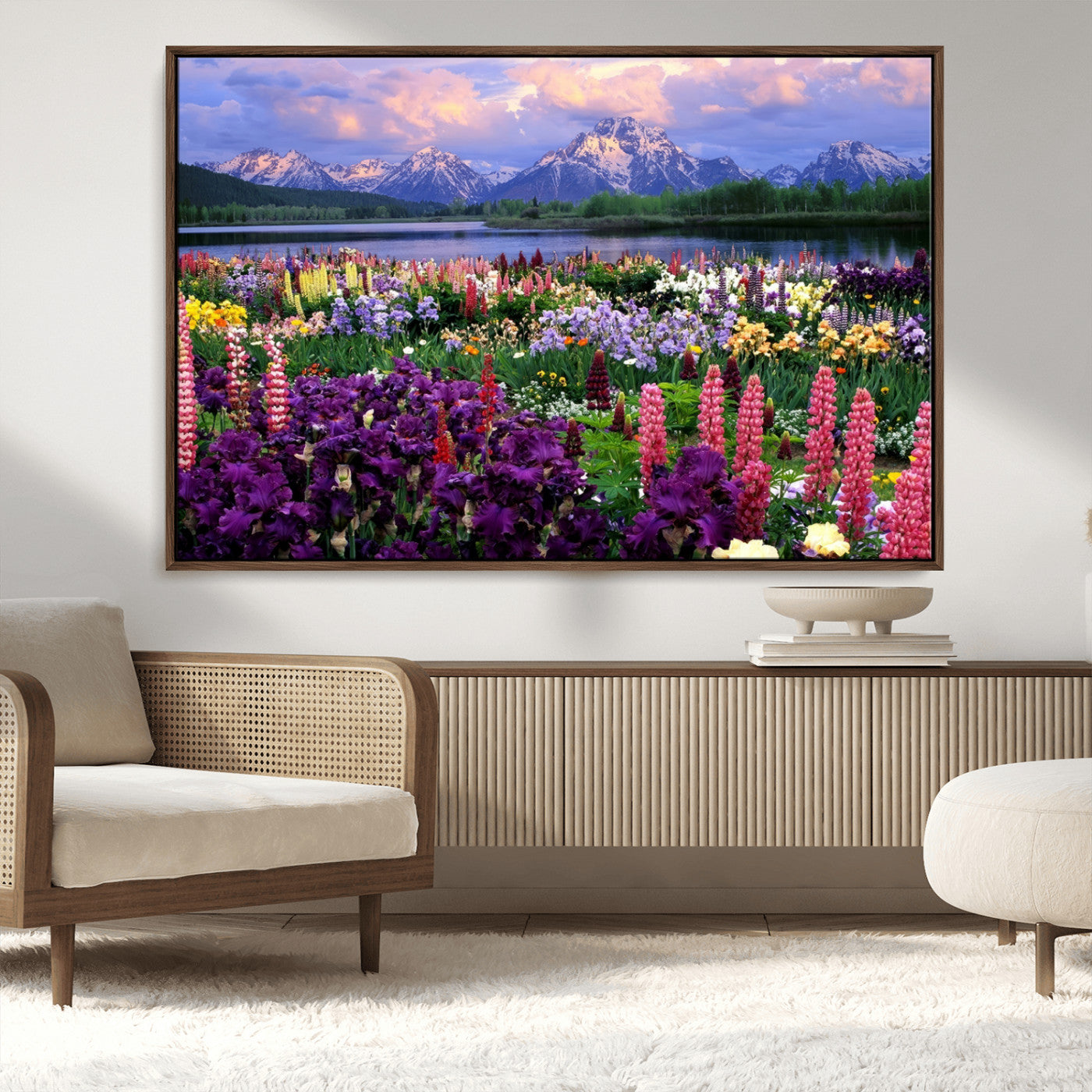 MGV-FC-36X24 - Vibrant Wildflower Garden and Mountain View Giclee Canvas Print | Floral Wall Art for Living Room