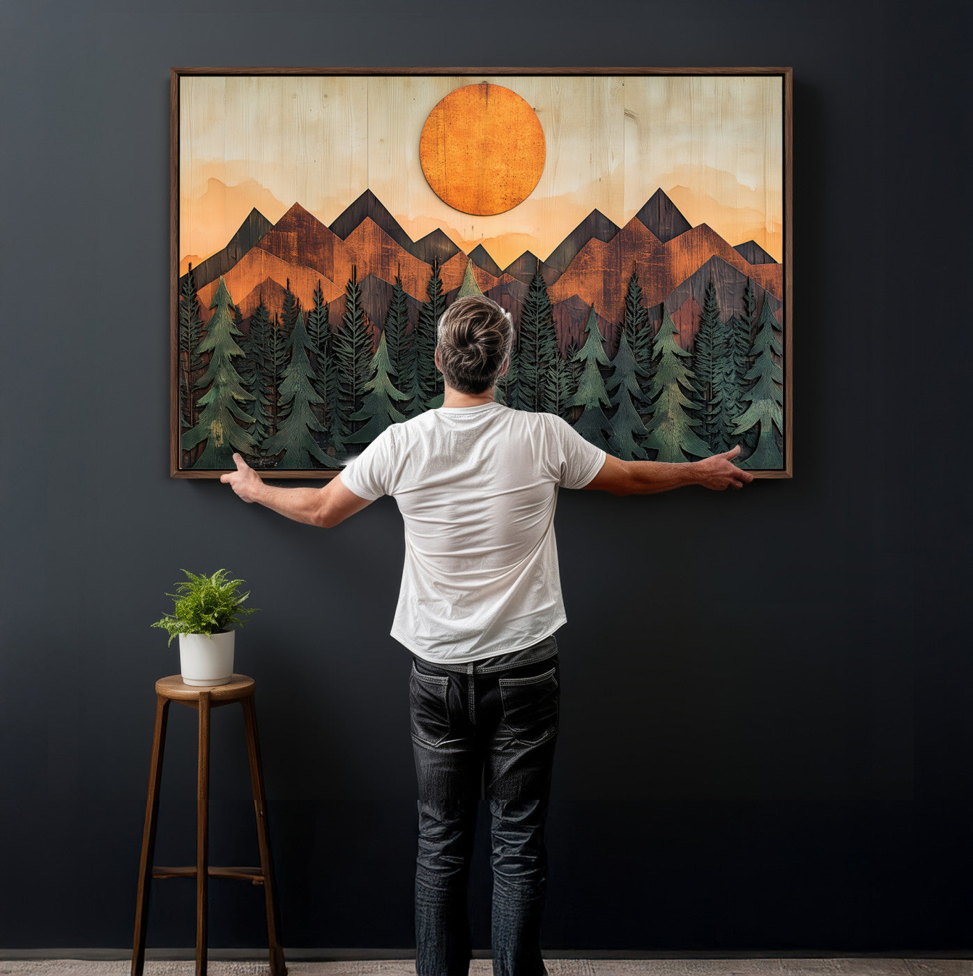 77739-MGV-CV-36X24 - Wood Style Sunset Mountain Landscape Canvas Wall Art Print - Nature Decor for Living Room, Office