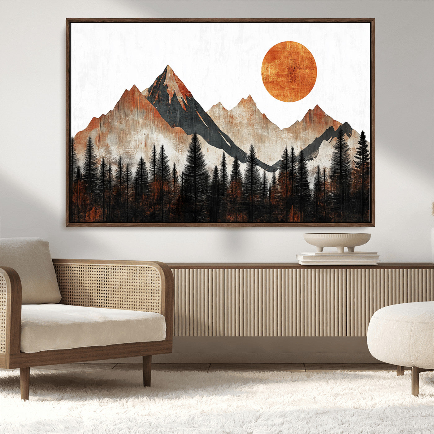 MGV-FC-36X24 - Modern Abstract Mountain Canvas Wall Art Print, Abstract Landscape Print, Rustic Sun and Mountains
