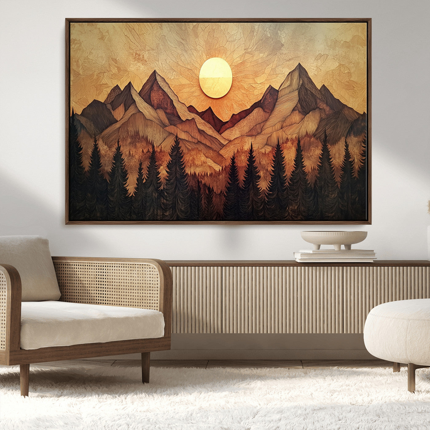 MGV-FC-36X24 - Wood Style Abstract Mountain Sunset Canvas Wall Art Print - Warm Earth Nature-Inspired Decor for
