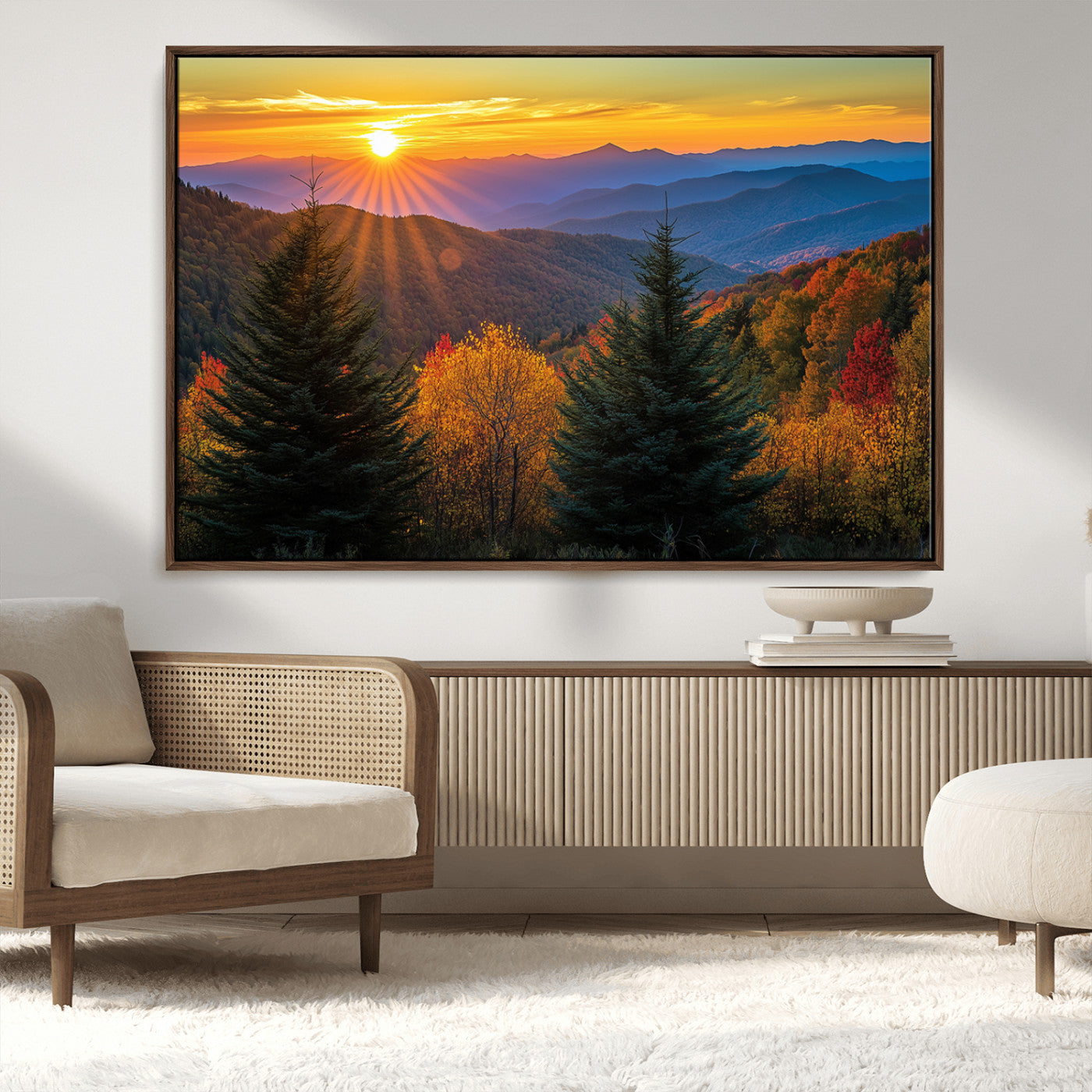 MGV-FC-36X24 - Golden Sunset Over Mountain Forest Canvas Wall Art Print - Warm Nature-Inspired Landscape for Living