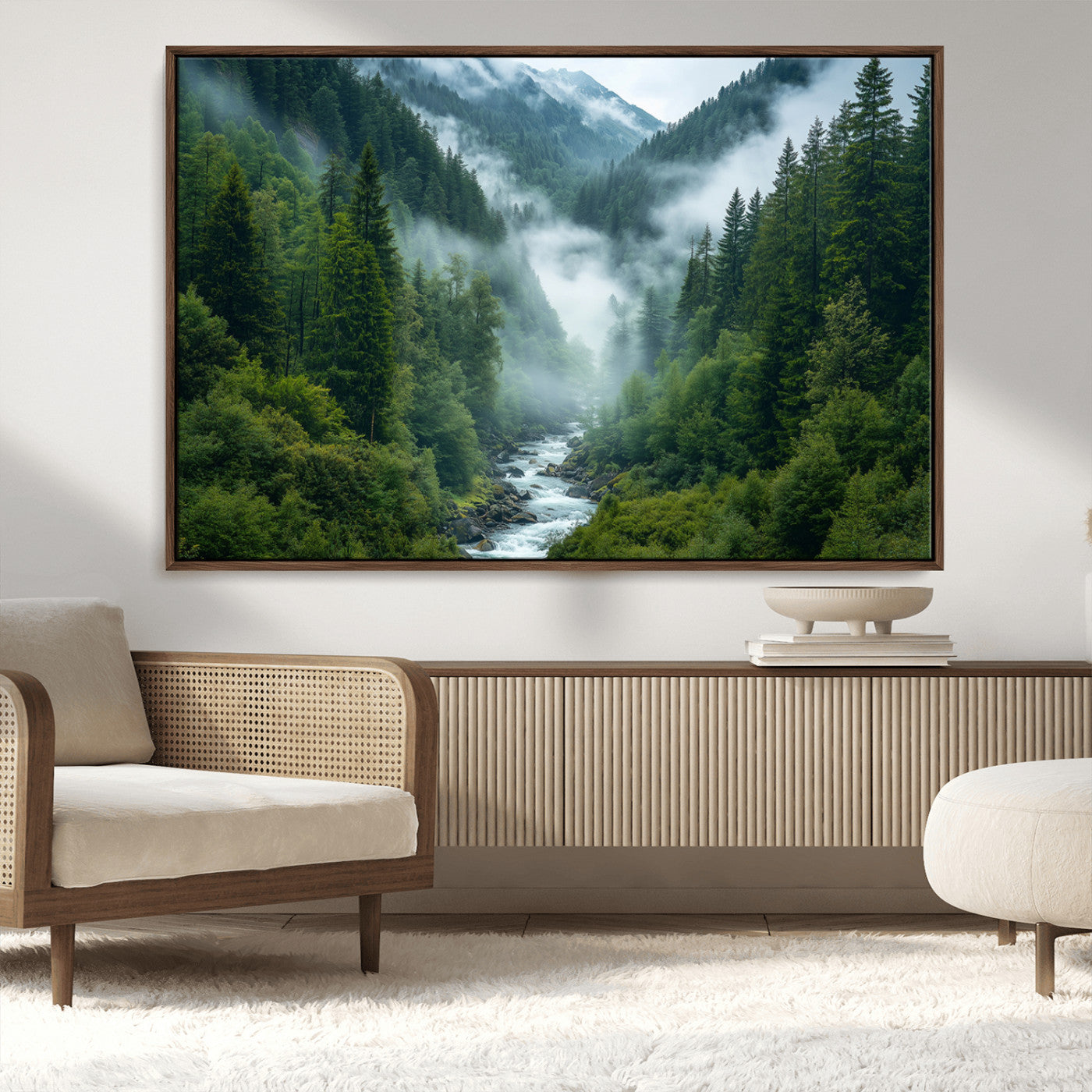 MGV-FC-36X24 - Mountain Forest River Canvas Wall Art Print - Serene Nature Landscape for Living Room, Office, or