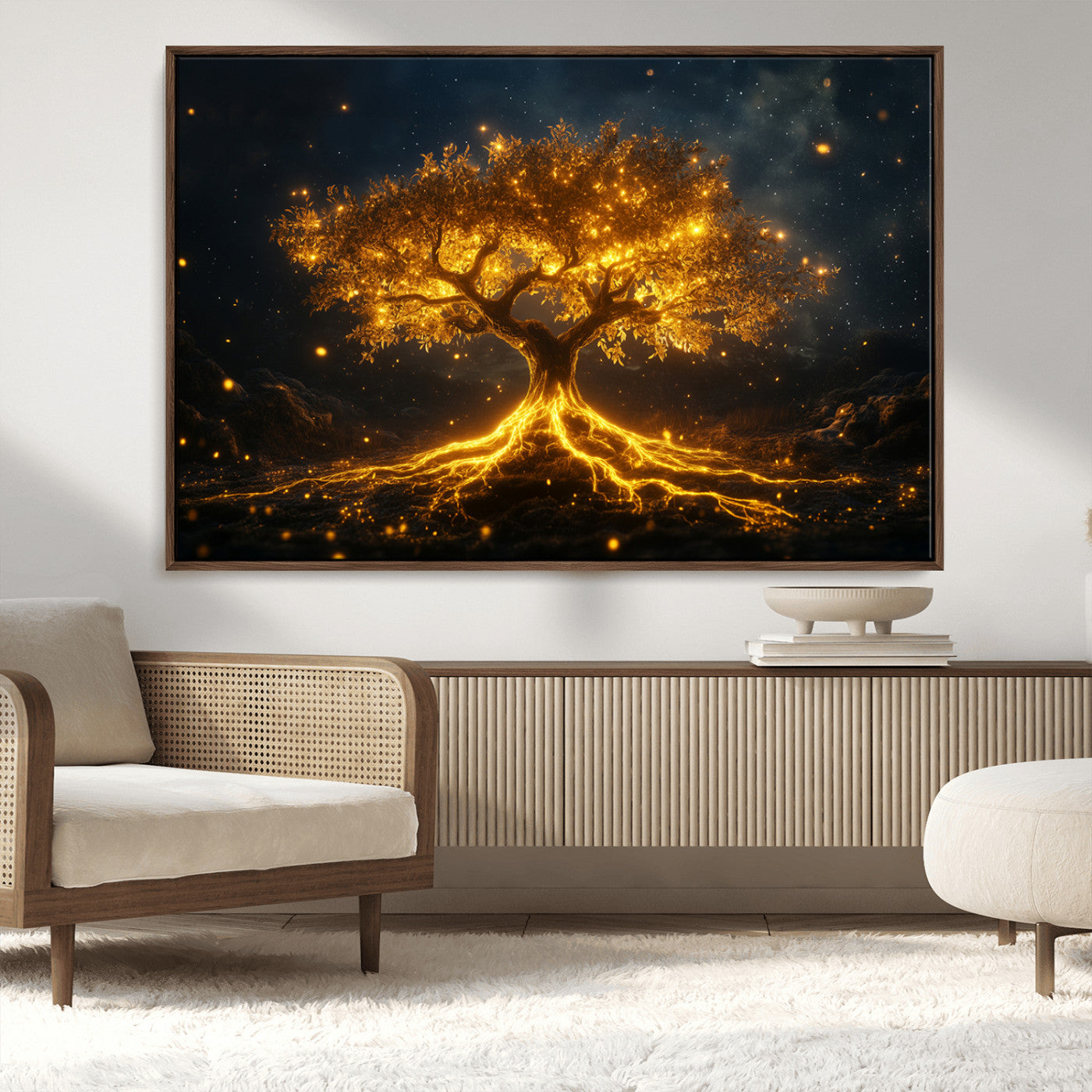 MGV-FC-36X24 - Golden Tree of Life Canvas Wall Art Print - Majestic Glowing Tree Design for Living Room, Office, or