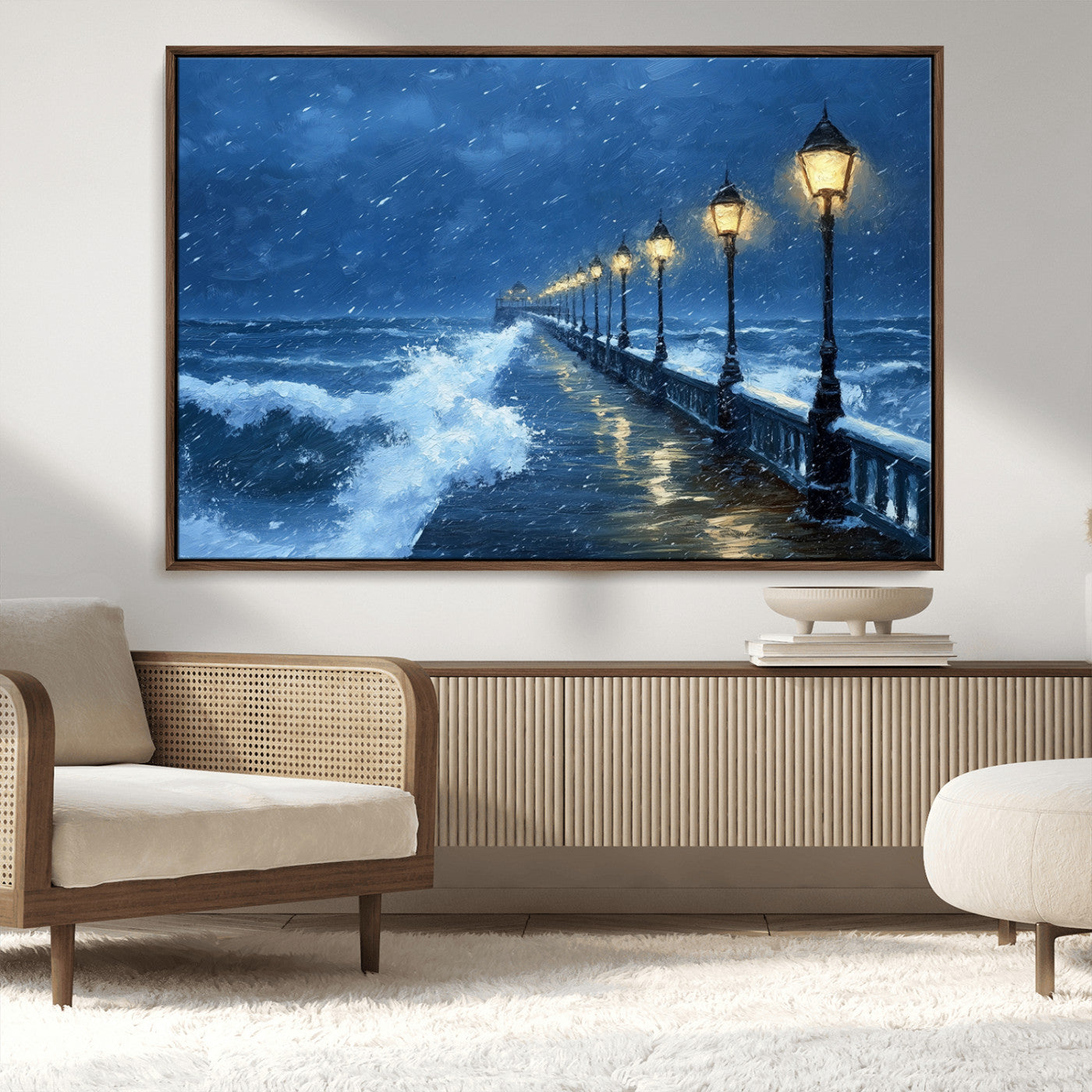 MGV-FC-36X24 - Stormy Ocean Pier Lights Canvas Wall Art Print - Large Moody Night Scene for Living Room, or Office,