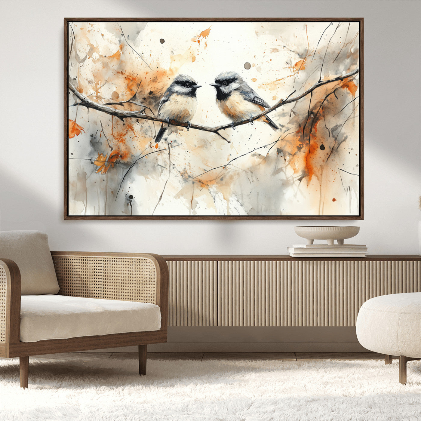 MGV-FC-36X24 - Abstract Watercolor Chickadee Bird Canvas Wall Art Print - Large Bird and Branch Wall Art, Modern