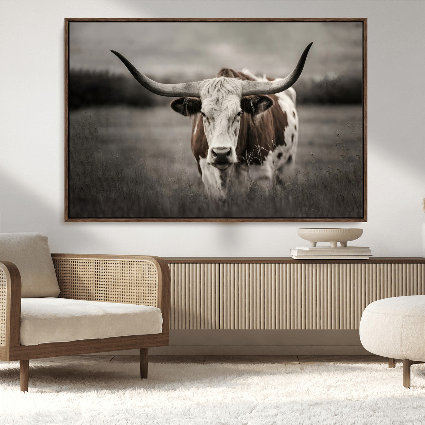 MGV-FC-36X24 - Texas Longhorn Cow Canvas Wall Art Print - Large Rustic Longhorn Art for Living Room, Western Wall