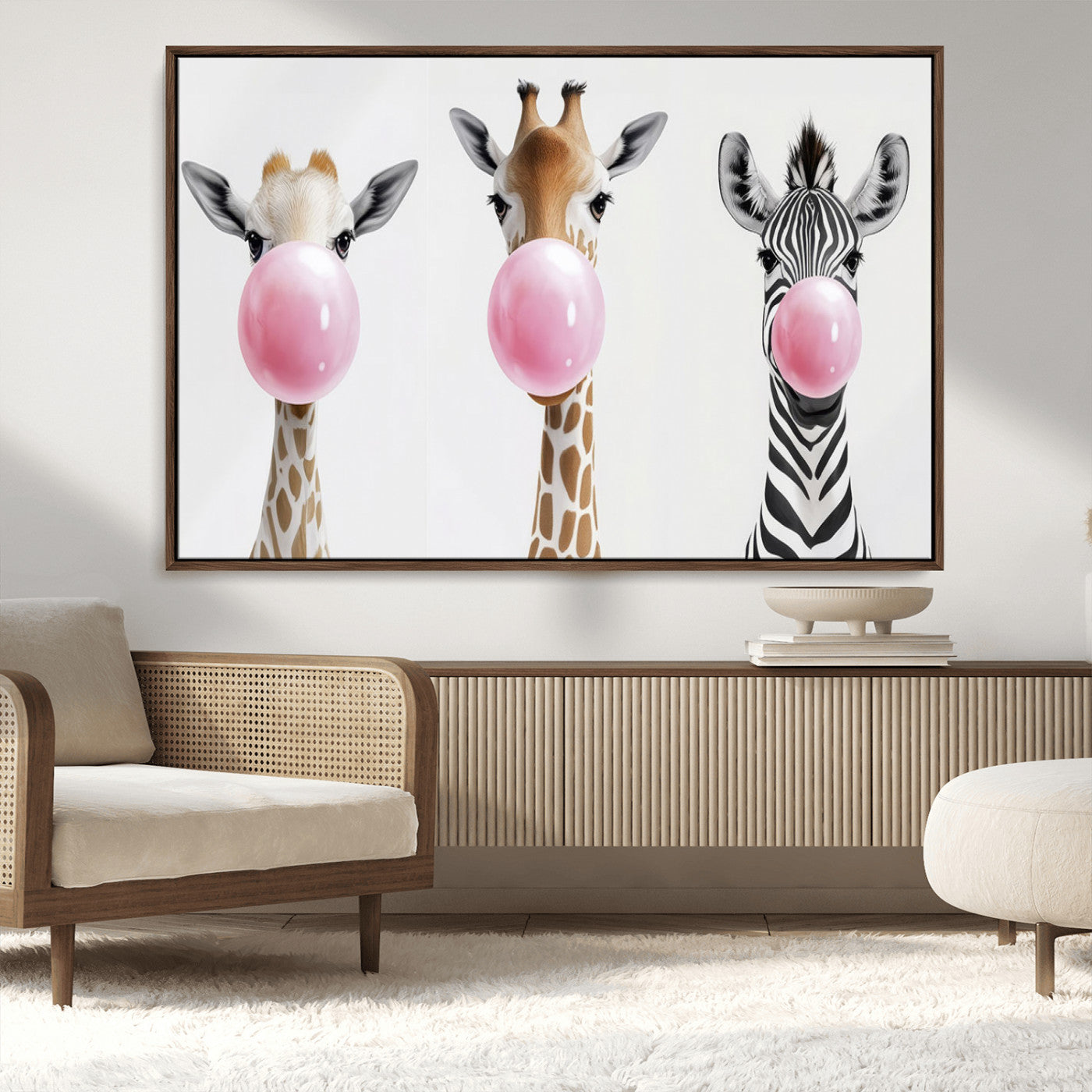 MGV-FC-36X24 - Bubblegum Animals Canvas Wall Art - Playful Giraffe and Zebra Trio, Fun Nursery Decor for Kids'