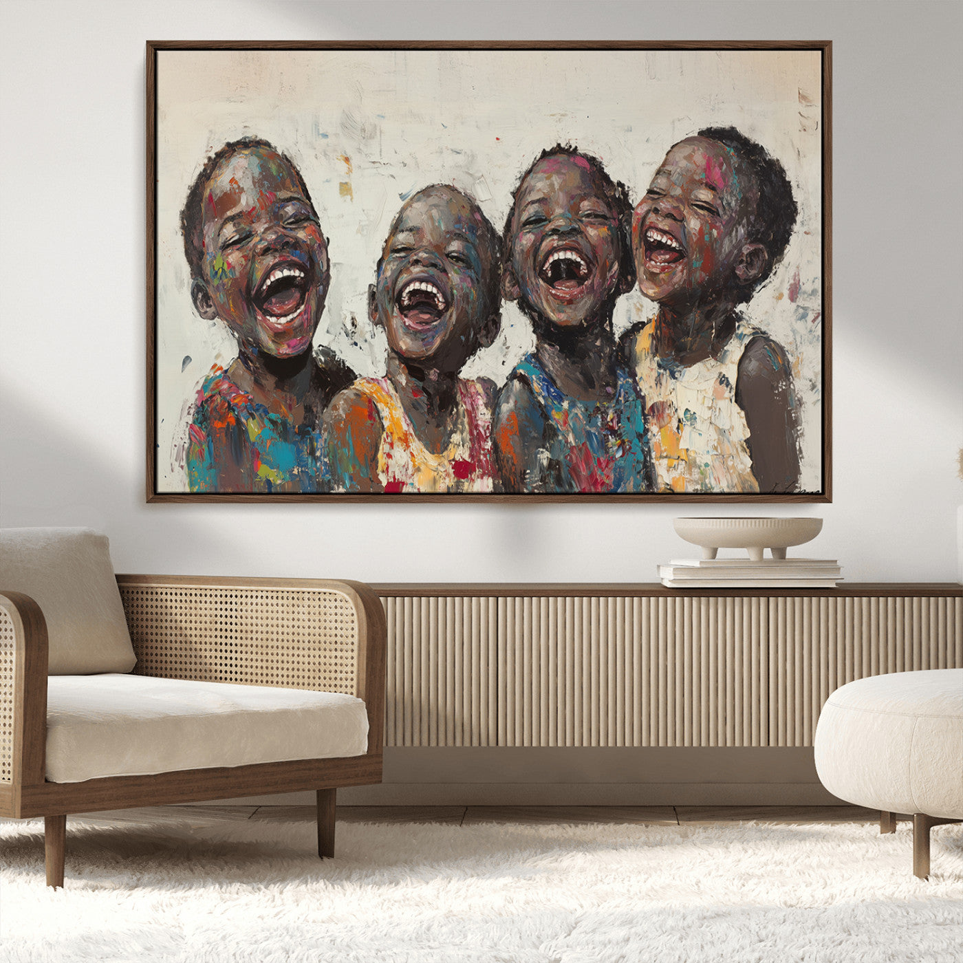 85256-MGV-CV-36X24-Shai Yossef Print - Joyful Childhood Canvas Wall Art - Expressive Impasto Painting of Laughing