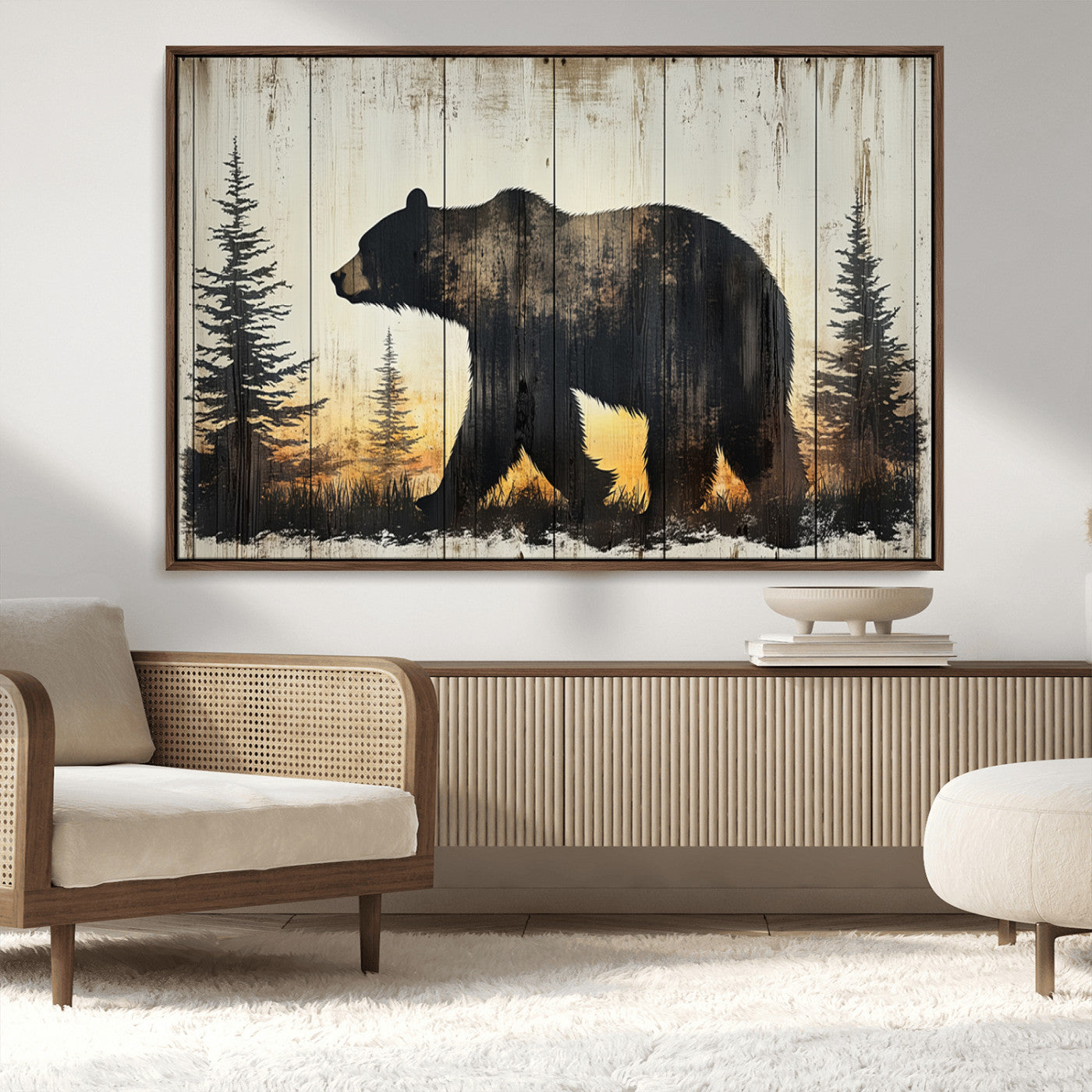 83875-MGV-CV-36X24-Vintage Bear Wall Art Canvas Print for Farmhouse - Mountain Wood Canvas Wall Art - Forest Silhouette