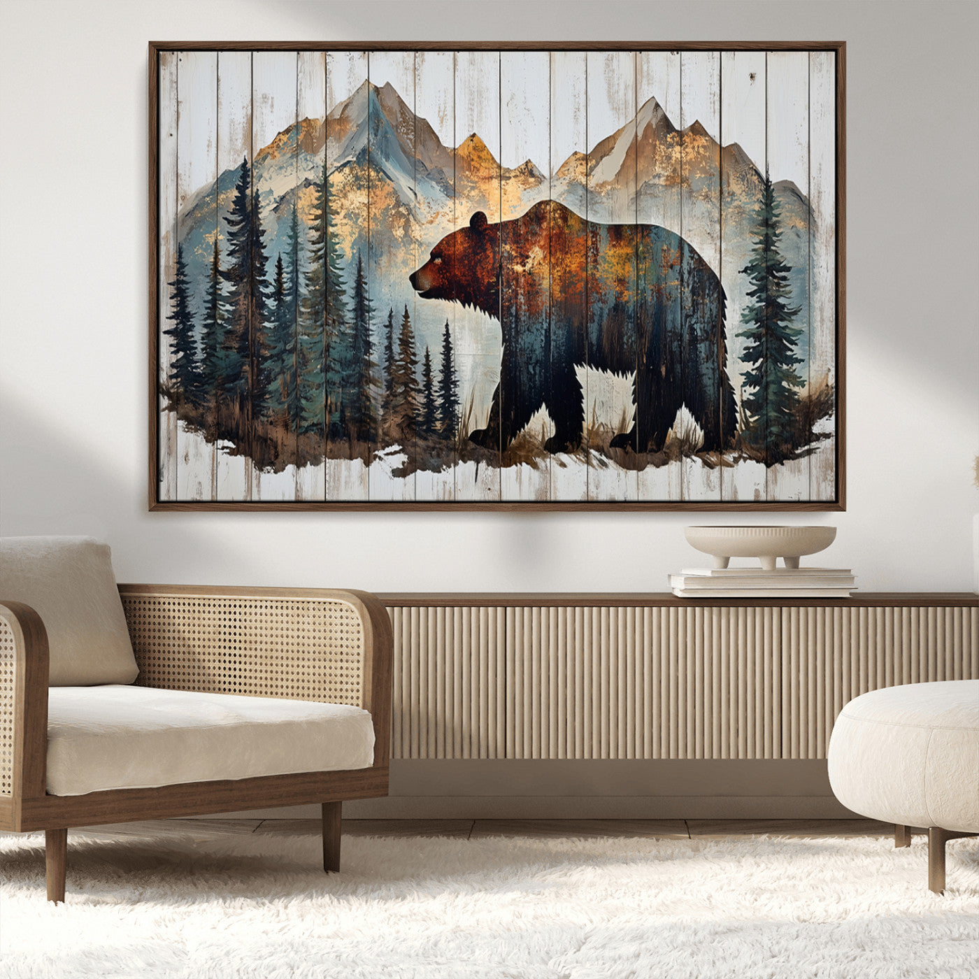 55777-MGV-CV-36X24-Rustic Grizzly 399 Bear and Mountain Wood Canvas Wall Art - Framed Nature Artwork with Forest