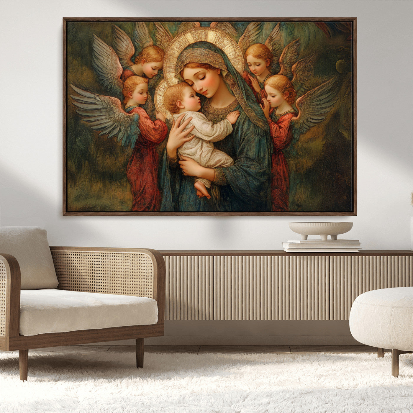 MGV-FC-36X24 - Mary Jesus Canvas Wall Art Print - Madonna and Child with Angels Art Print - Classic Christian
