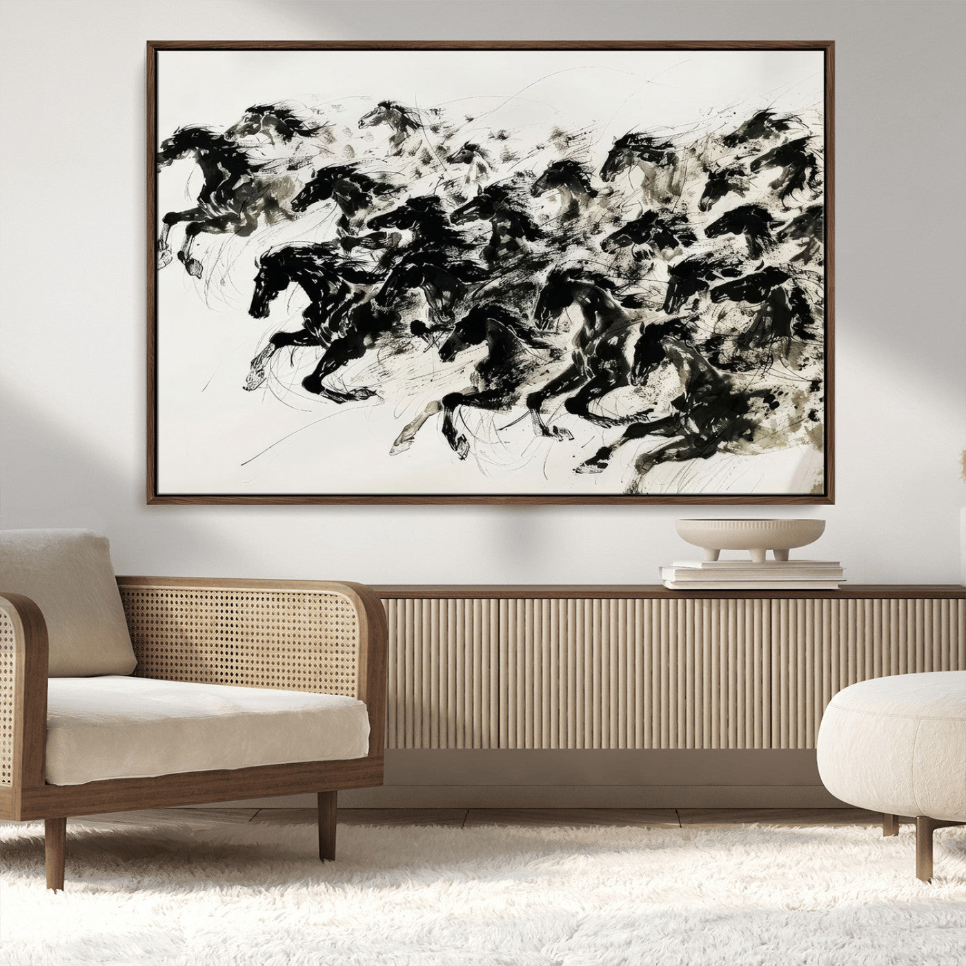 MGV-FC-36X24 - Abstract Horse Wall Art Canvas Print - Dynamic Black Ink Horse Print - Modern Equine Wall Decor for