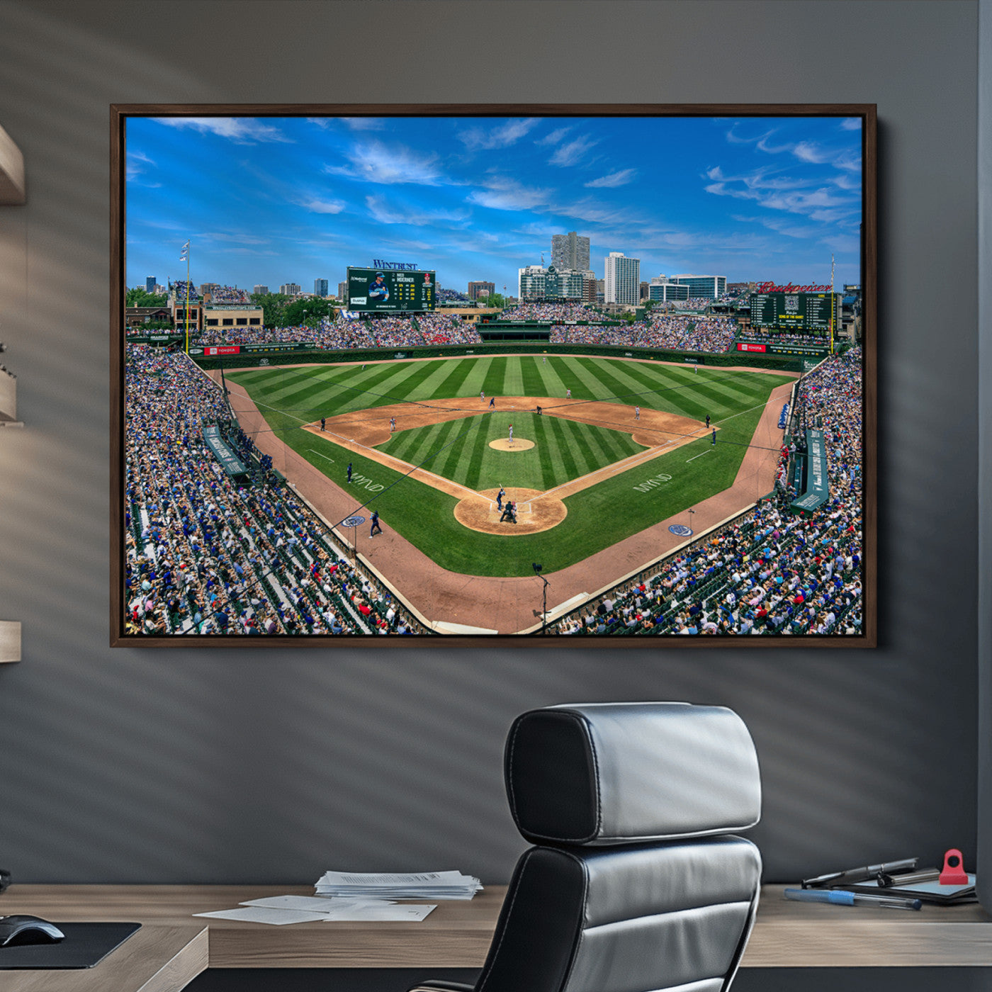 26064-MGV-CV-30X20-Framed Wrigley Field Chicago Cubs Print, Panoramic Multi Piece Canvas Wall Art - Iconic Baseball Stadium Print for Sports Lovers - Ready to
