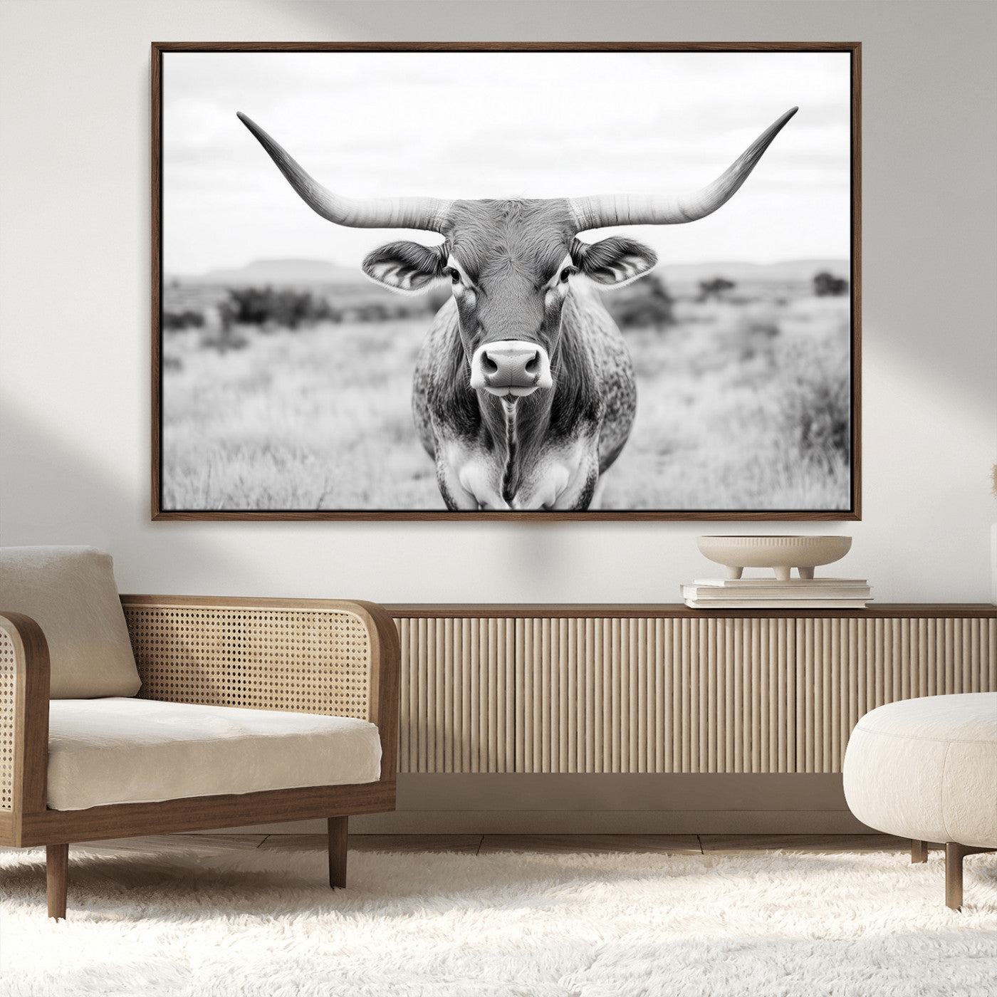 MGV-FC-36X24 - Highland Cow Wall Art Print - Black and White Texas Western Longhorn Canvas - Farmhouse Decor Print