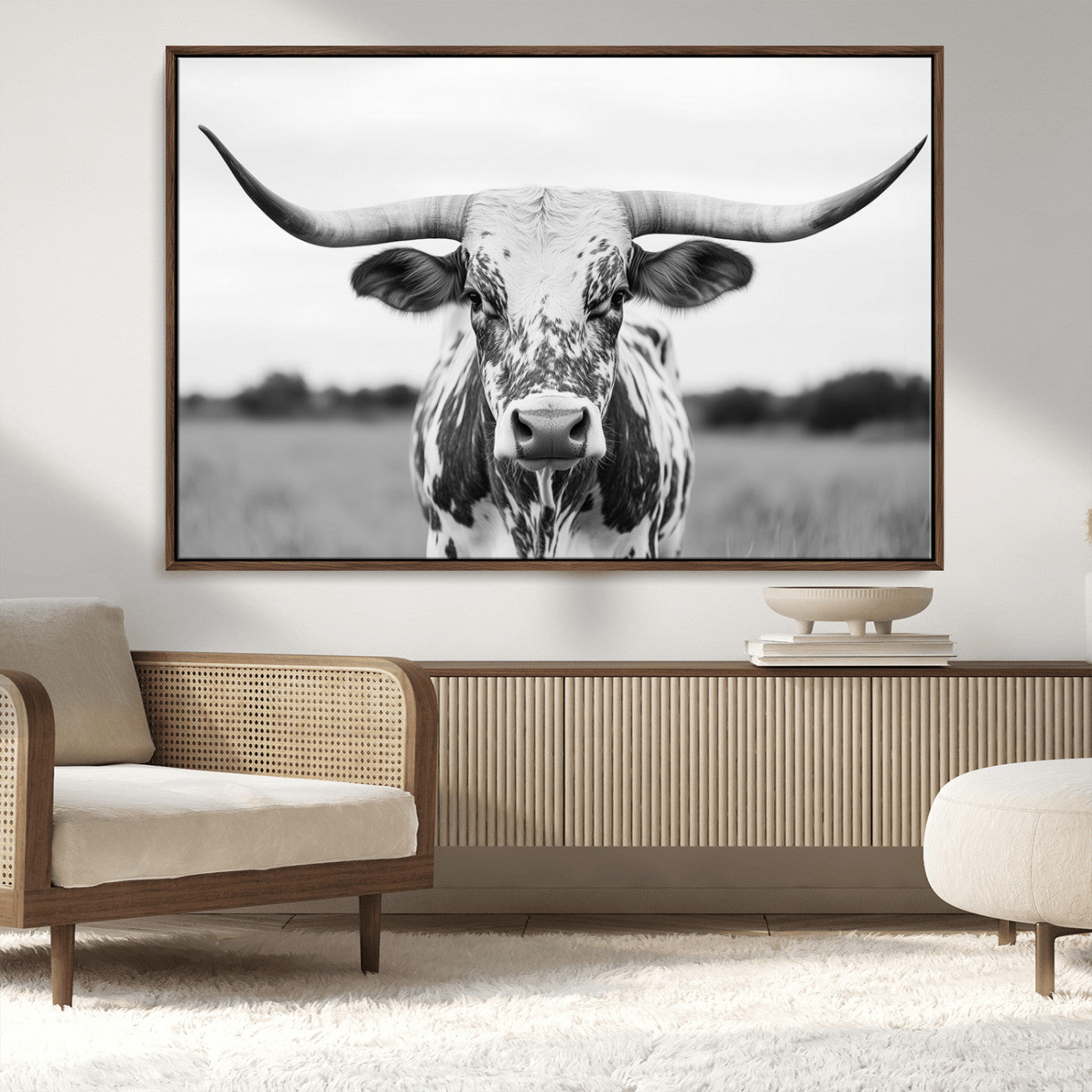 MGV-FC-36X24 - Highland Cow Wall Art - Black and White Western Longhorn Canvas Print - Farmhouse Living Room Decor