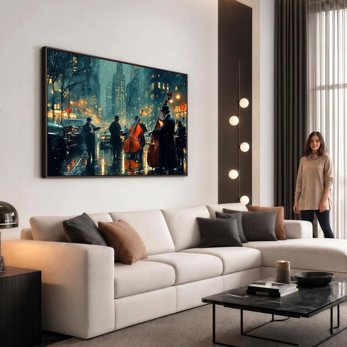 53391-MGV-CV-24X16 - Urban Night Jazz Wall Art Canvas Print | Moody Rain Soaked City Street Band Scene