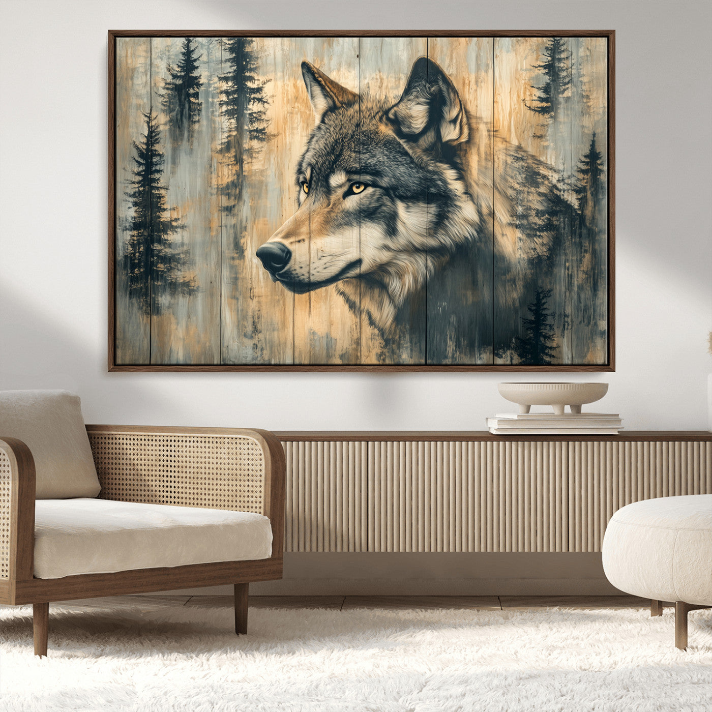 MGV-FC-36X24 - Wood Style Rustic Wolf Wall Art Canvas Print, Vintage Woodland Wolf Wall Art, Framed Wood Style Wolf
