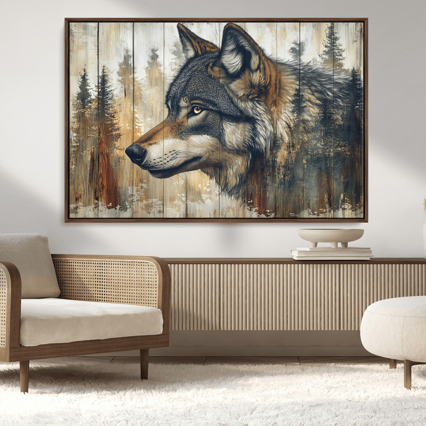 MGV-FC-36X24 - Rustic Wolf Wall Art Canvas Print, Vintage Woodland Wolf Wall Art