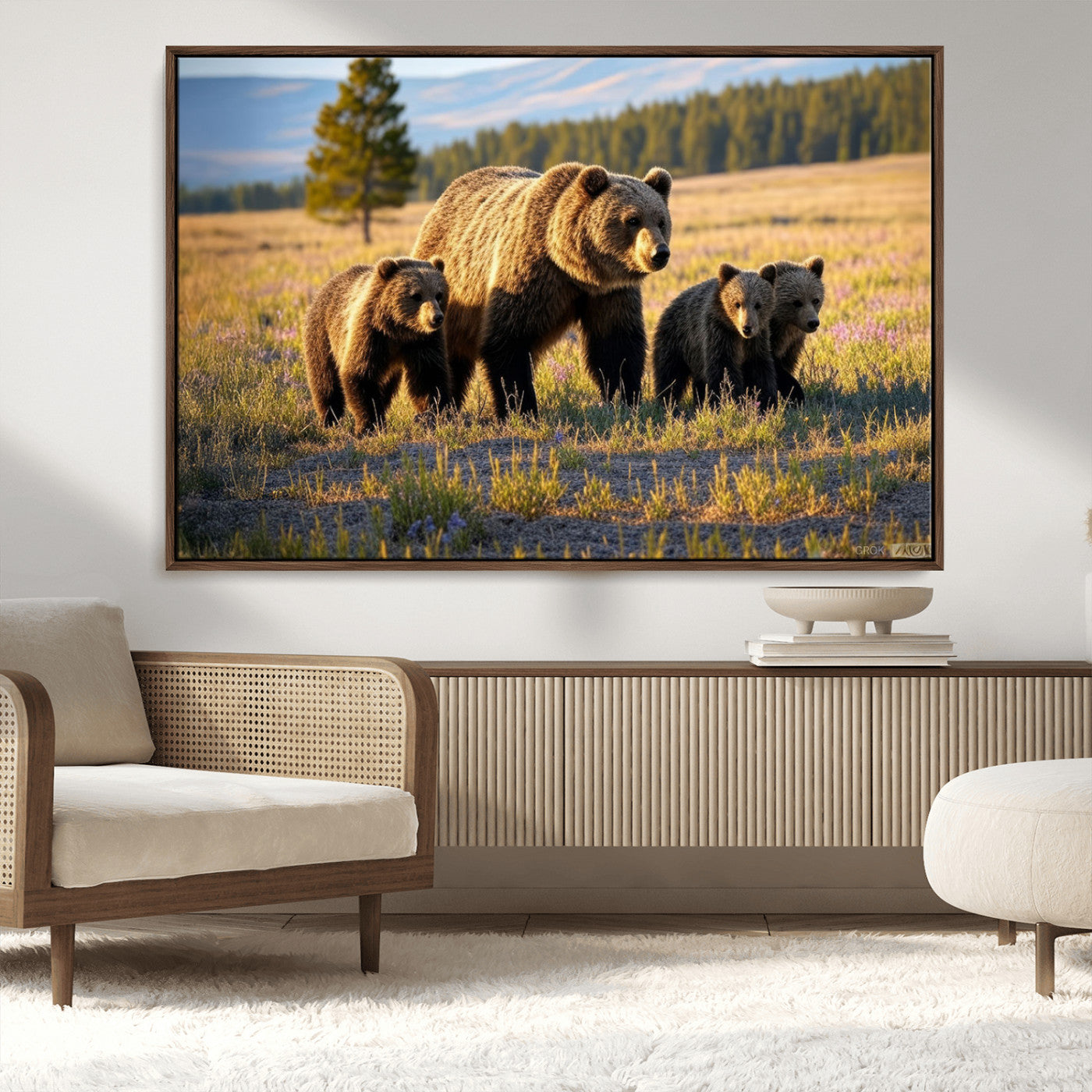 MGV-FC-36X24 - Grizzly 399 in Wild Flowers Wall Art Canvas Print, Grizzly Bears Wall Art, Queen of Grand Teton