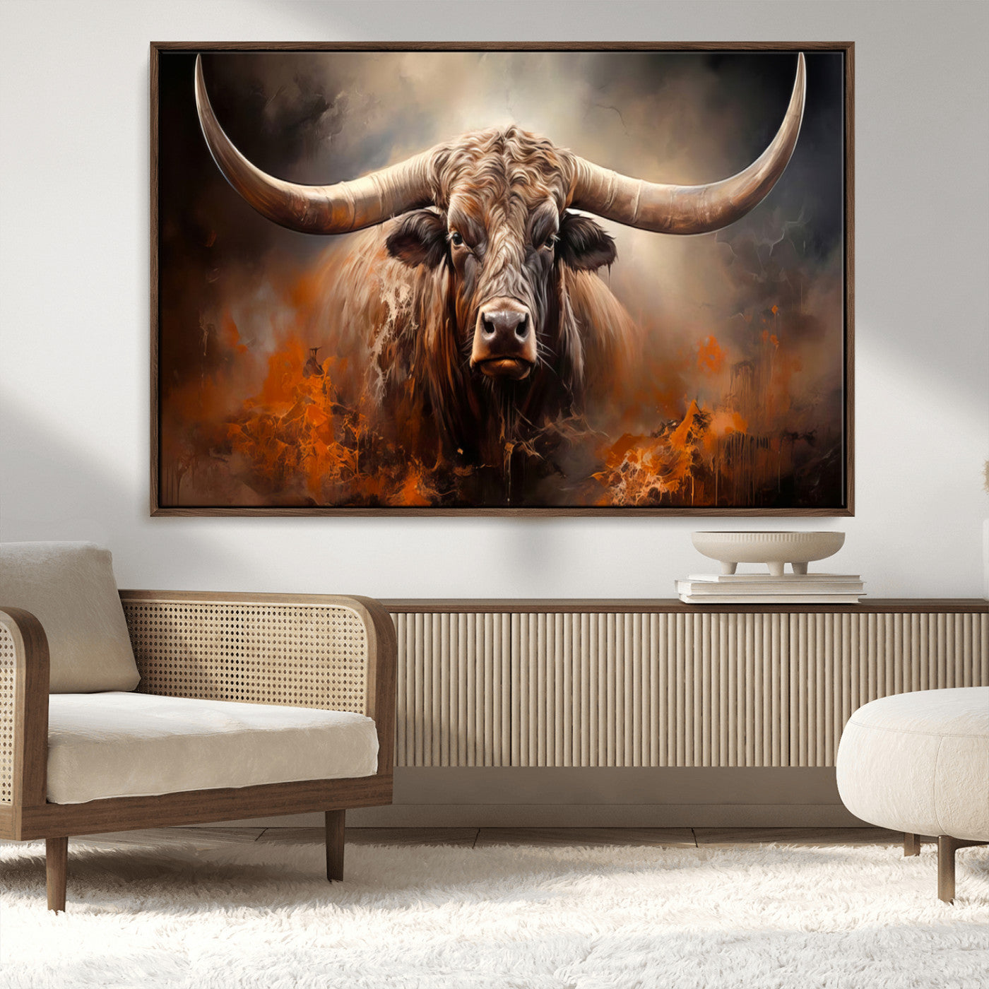 MGV-FC-36X24 - Highland Bull Canvas Abstract Canvas Wall Art Print – Powerful Highland Bull with Striking Horns in