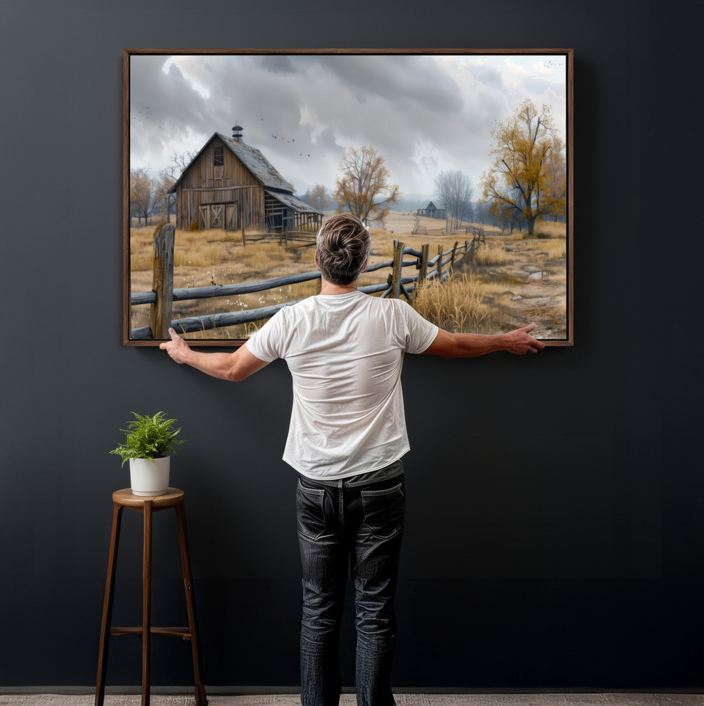 Farm1-MGV-CV-36X24 - Rustic Autumn Farmhouse Wall Art Canvas Print – Serene Countryside Scene with Weathered Barn and