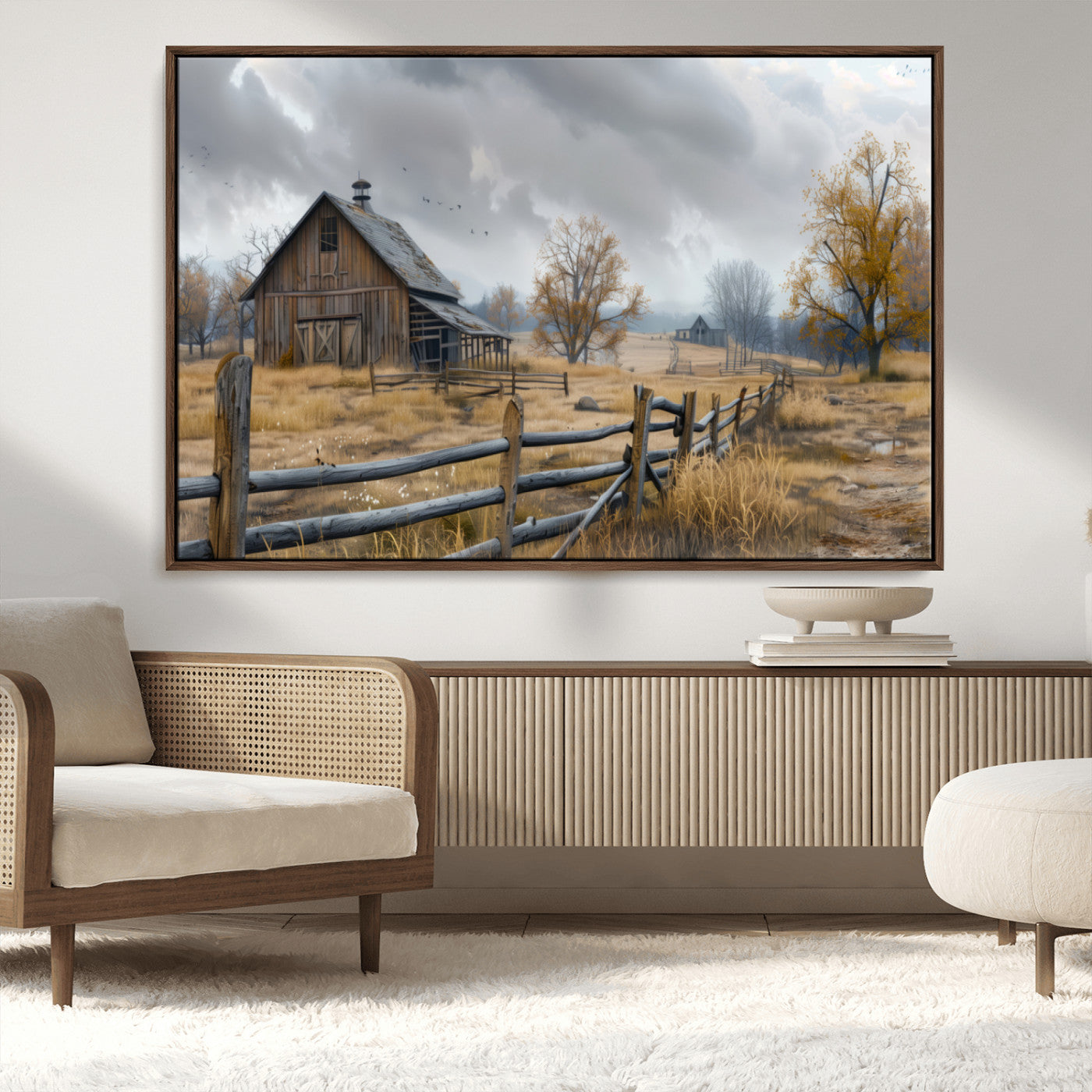 MGV-FC-36X24 - Rustic Autumn Farmhouse Wall Art Canvas Print – Serene Countryside Scene with Weathered Barn and