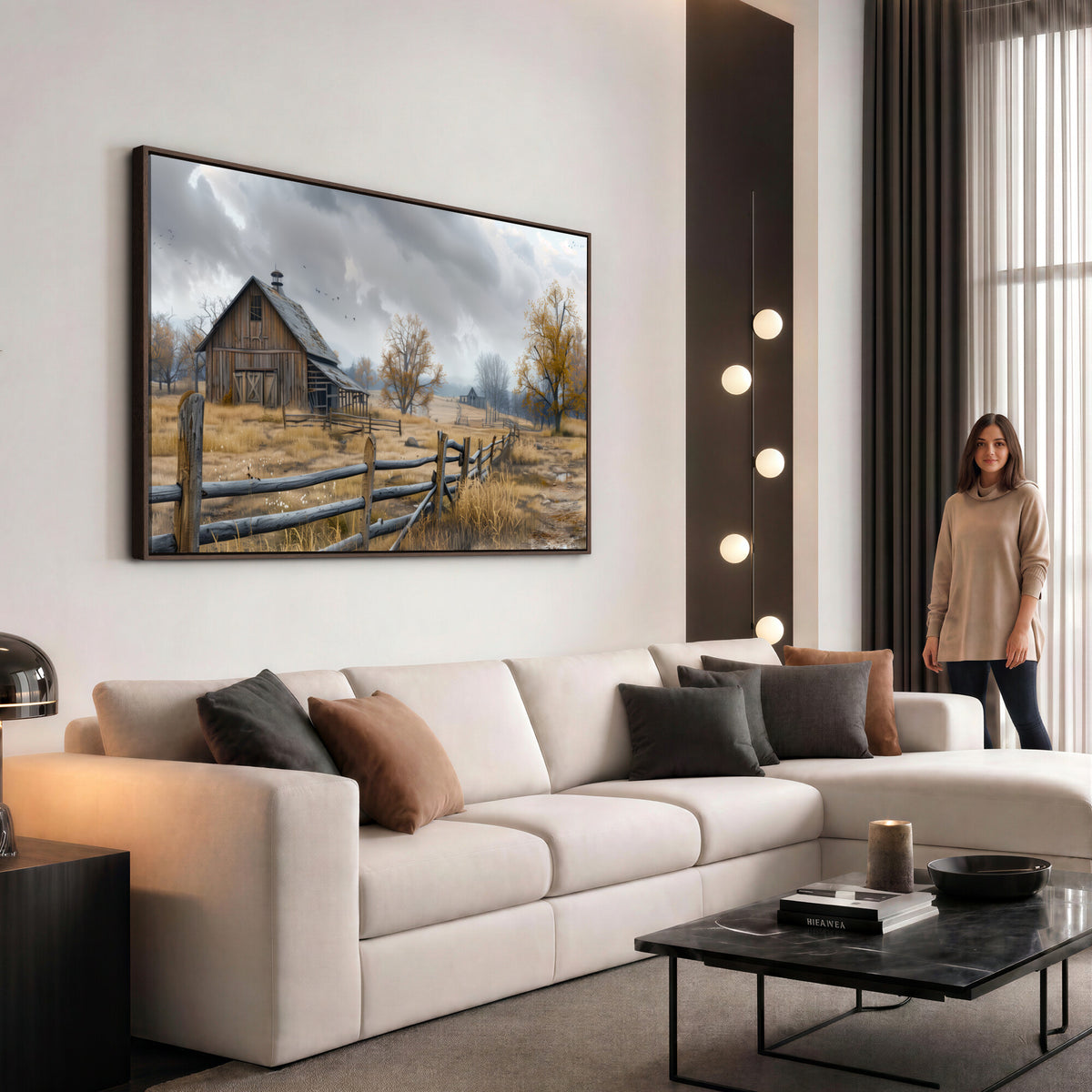 Farm1-MGV-CV-36X24 - Rustic Autumn Farmhouse Wall Art Canvas Print | Serene Countryside with Weathered Barn