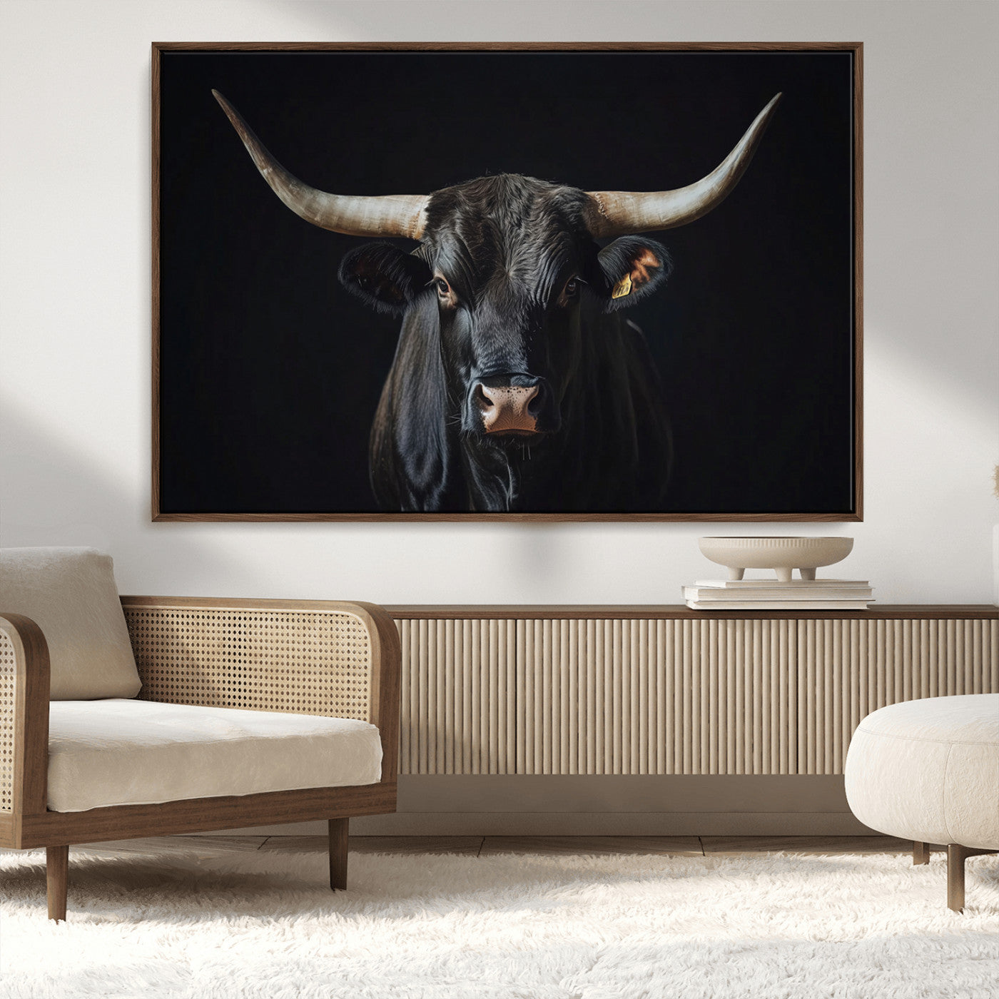 48065167-MGV-CV-36X24-Majestic Longhorn Bull Wall Art Canvas Print – Dark Background Western Ranch Portrait Artwork for Home, Office