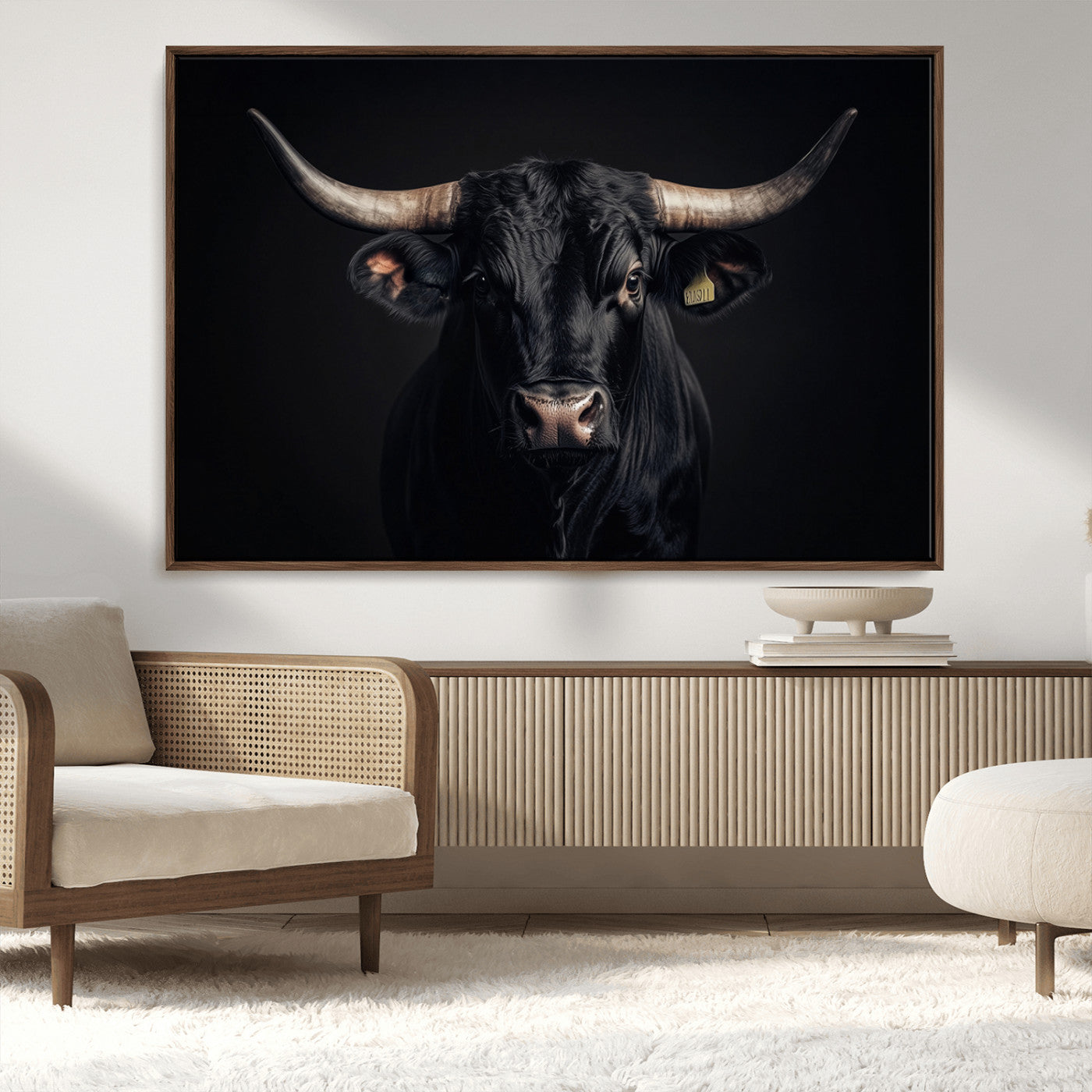 MGV-FC-36X24 - Black Bull Wall Art – Framed Horned Bull Canvas Artwork, Western Cattle Design, Rustic Ranch Style Decor for Home, Office