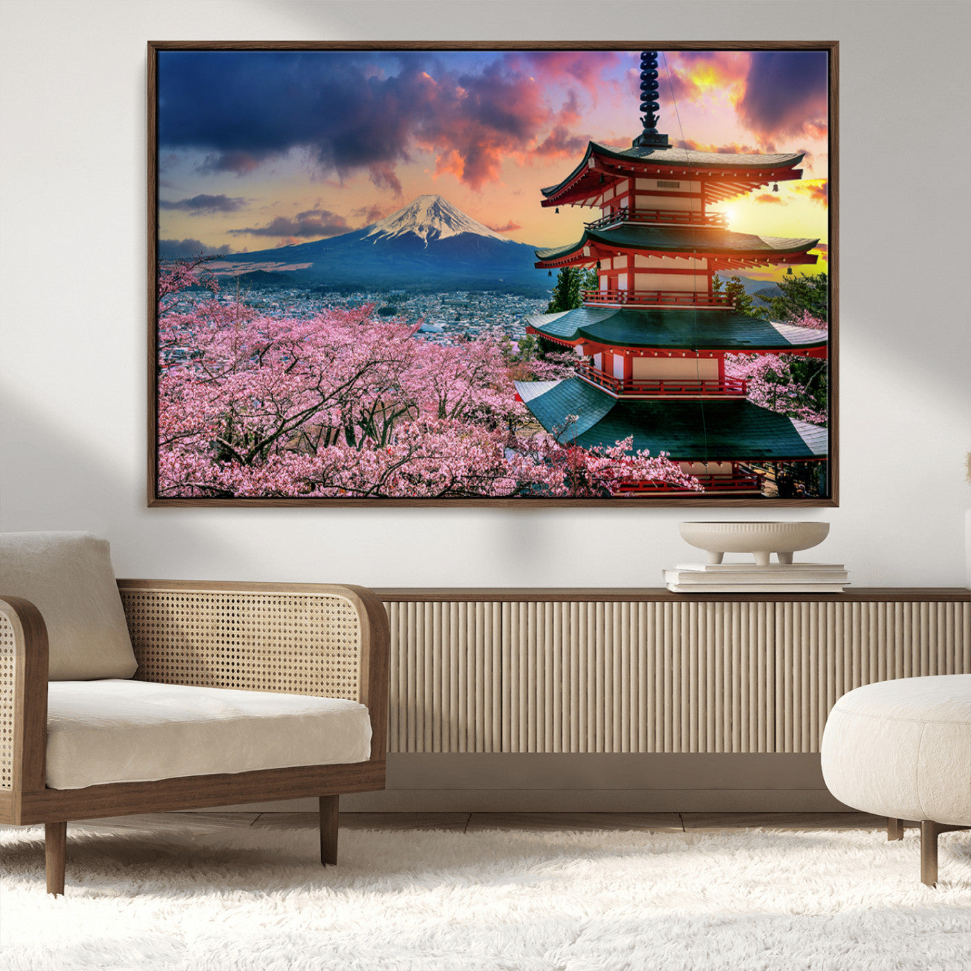 MGV-FC-36X24 - Mount Fuji & Cherry Blossom Wall Art Canvas Print – Iconic Japanese Landscape, Sakura Pagoda Sunset,