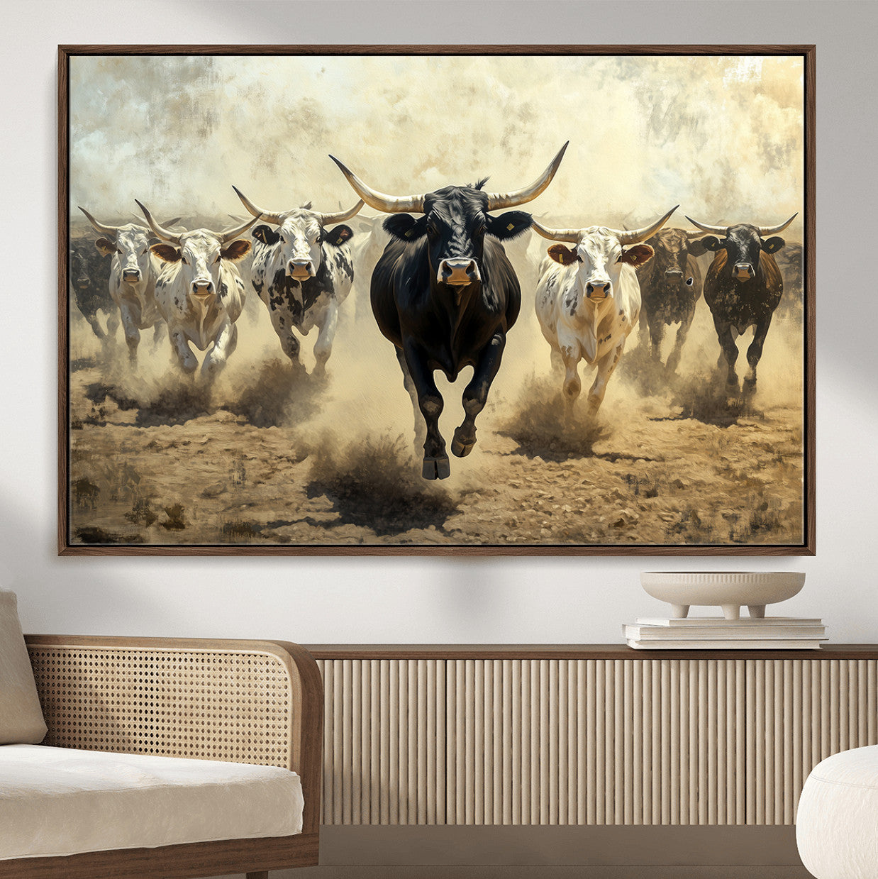 43421315-MGV-CV-36X24-Texas Longhorn Wall Art – Framed Charging Cattle Canvas Artwork, Dusty Western Herd Design, Rustic Ranch Decor for Home, Office