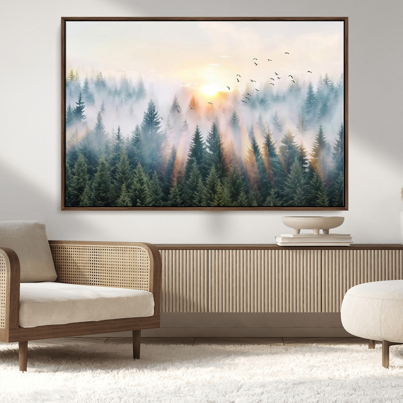 MGV-FC-36X24 - Misty Pine Forest Wall Art Canvas, Sunrise Over Foggy Trees Canvas for Home - Office, Framed