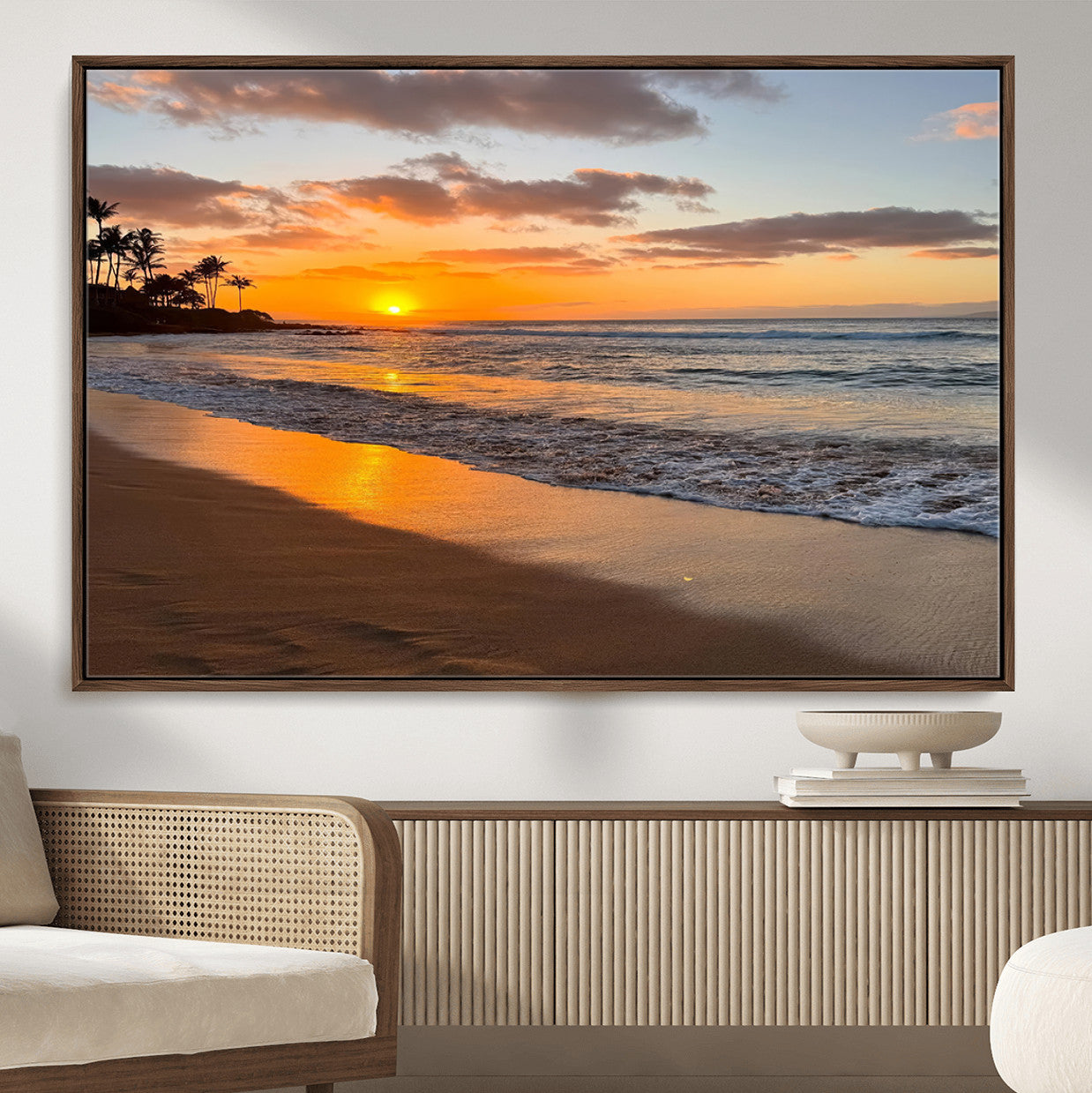 64381660-MGV-CV-36X24-Tropical Beach Wall Art – Framed Sunset Ocean Canvas Artwork, Golden Shore Design, Modern Coastal Decor for Home, Office