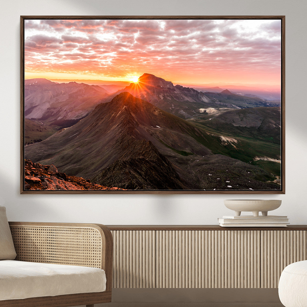 50957419-MGV-CV-36X24-Mountain Sunrise Wall Art – Framed Alpine Ridge Canvas Artwork, Golden Peak Design, Scenic Nature Decor for Home, Office