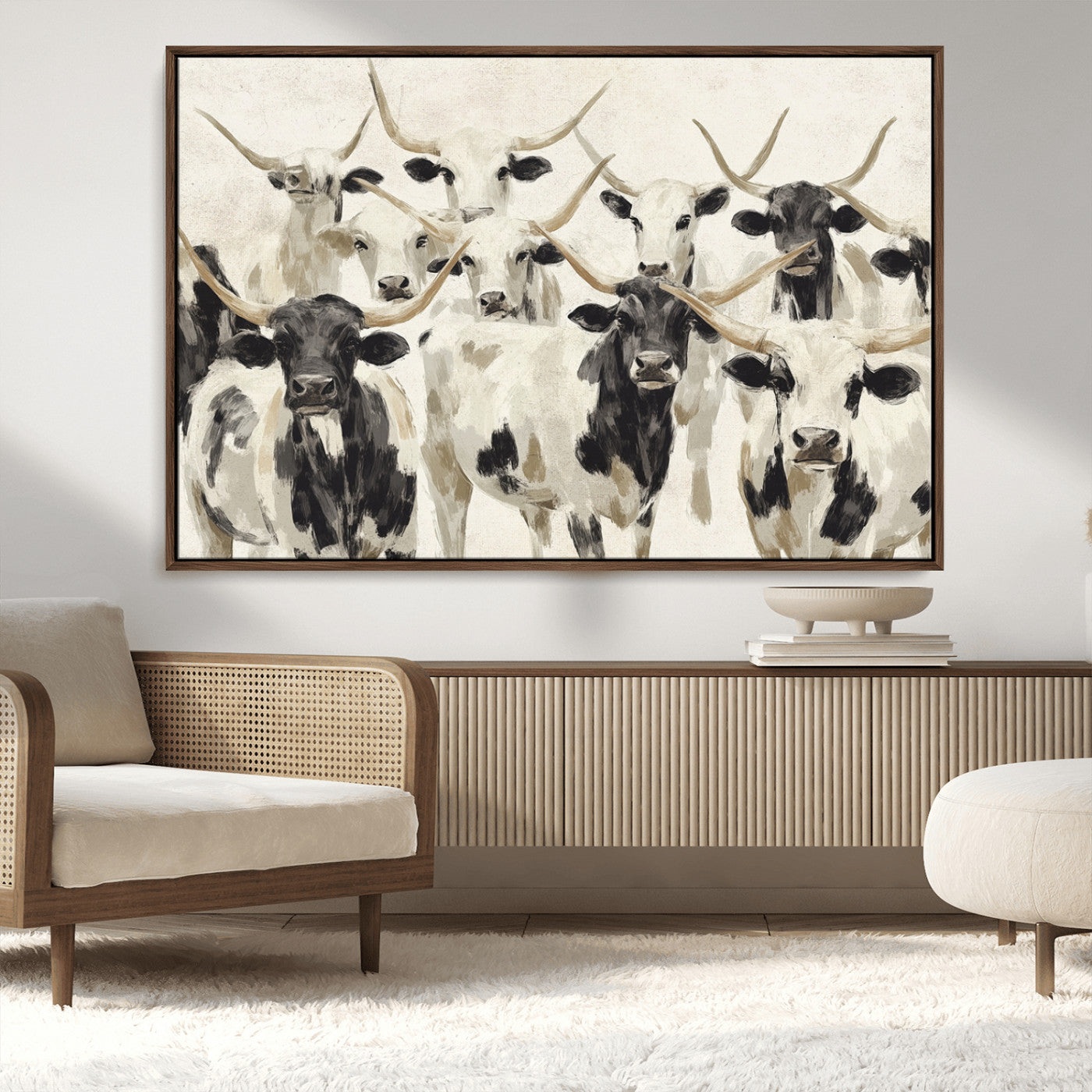 MGV-FC-36X24 - Longhorn Texas Cow Drawing Abstract Wall Art Canvas Print for Farmhouse Decor, Texas Bull Printing