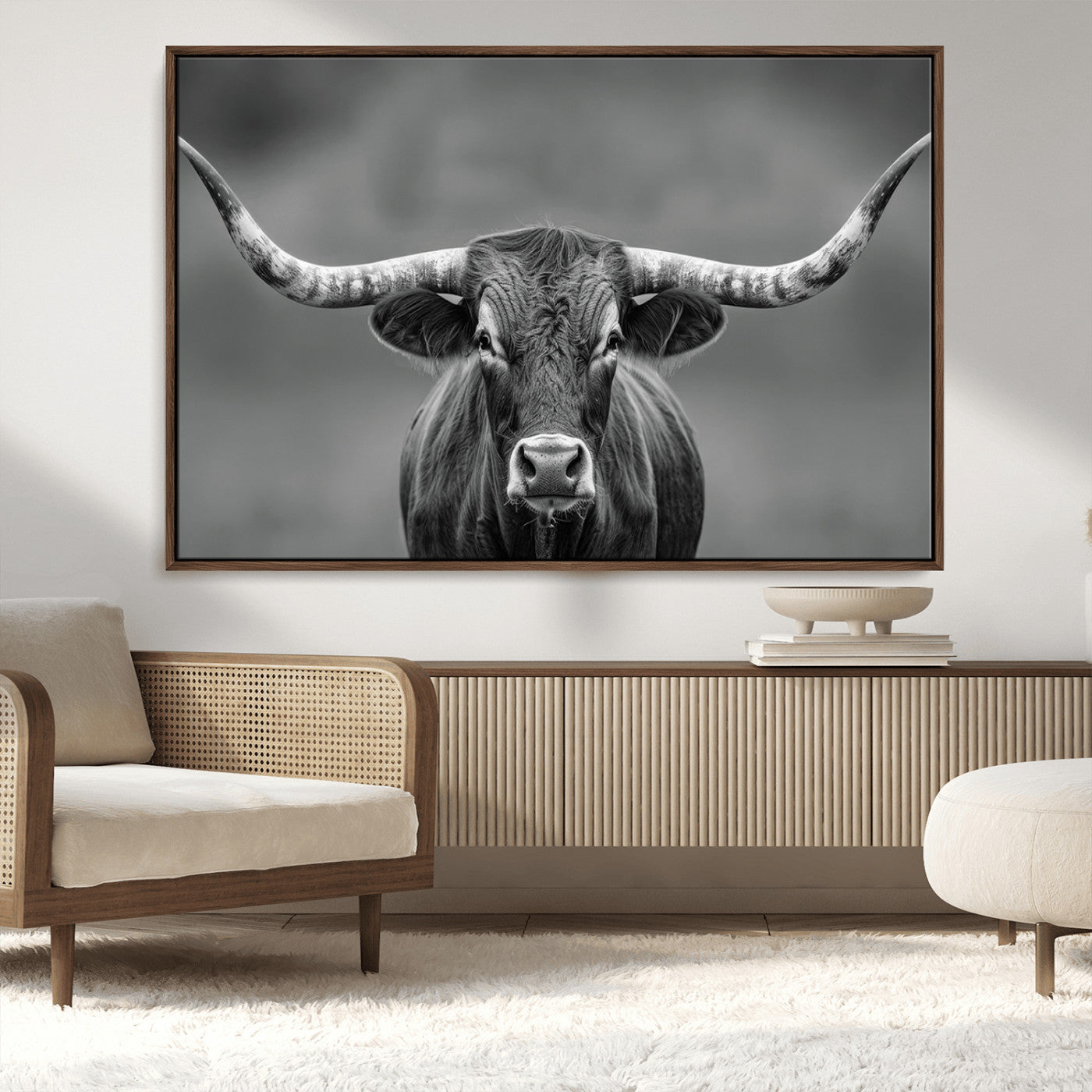 MGV-FC-36X24 - Framed Texas Longhorn Bull Art Canvas Print, Western Bull Wall Art Print, Long Horn Bull Photo Print