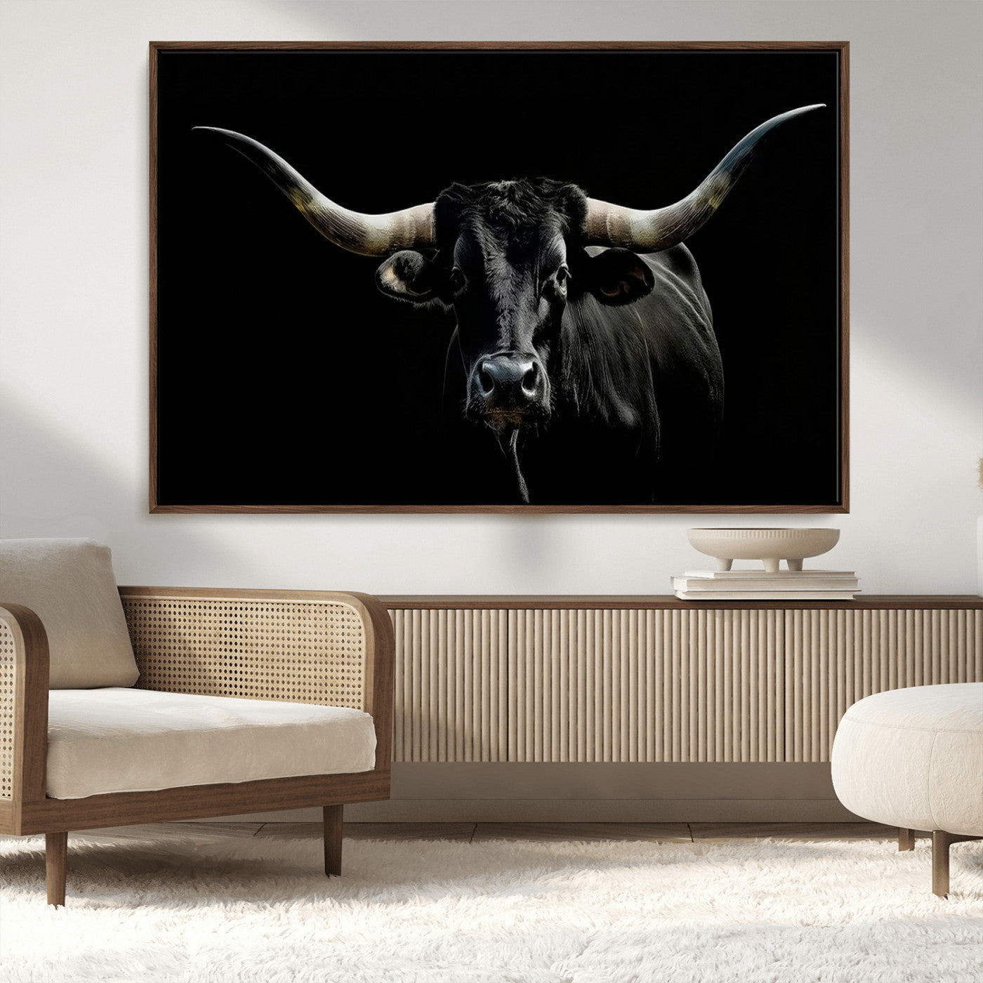 MGV-FC-36X24 - Texas Black Bull Wall Art Print, Longhorn Bull Canvas Wall Art