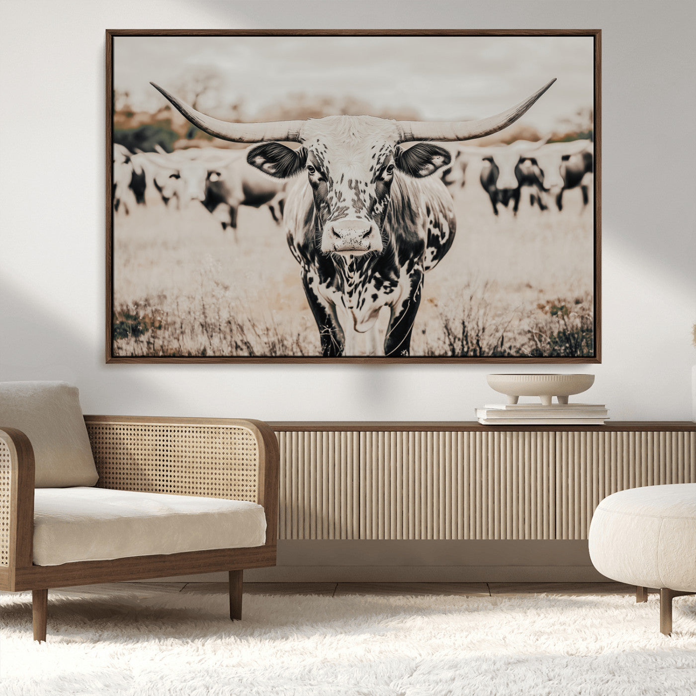 MGV-FC-36X24 - Texas Longhorn Wall Art Canvas Print, Framed Speckled Cow Art Picture Print, Horned Cattle Perfect Rustic Western Decor Artwork
