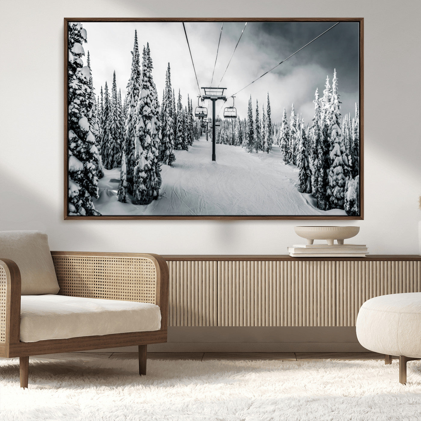 MGV-FC-36X24 - Snowy Pines Wall Art Canvas Print, Framed Ski Lift Art Picture Print, Winter Forest Perfect Moody Lodge Decor Artwork