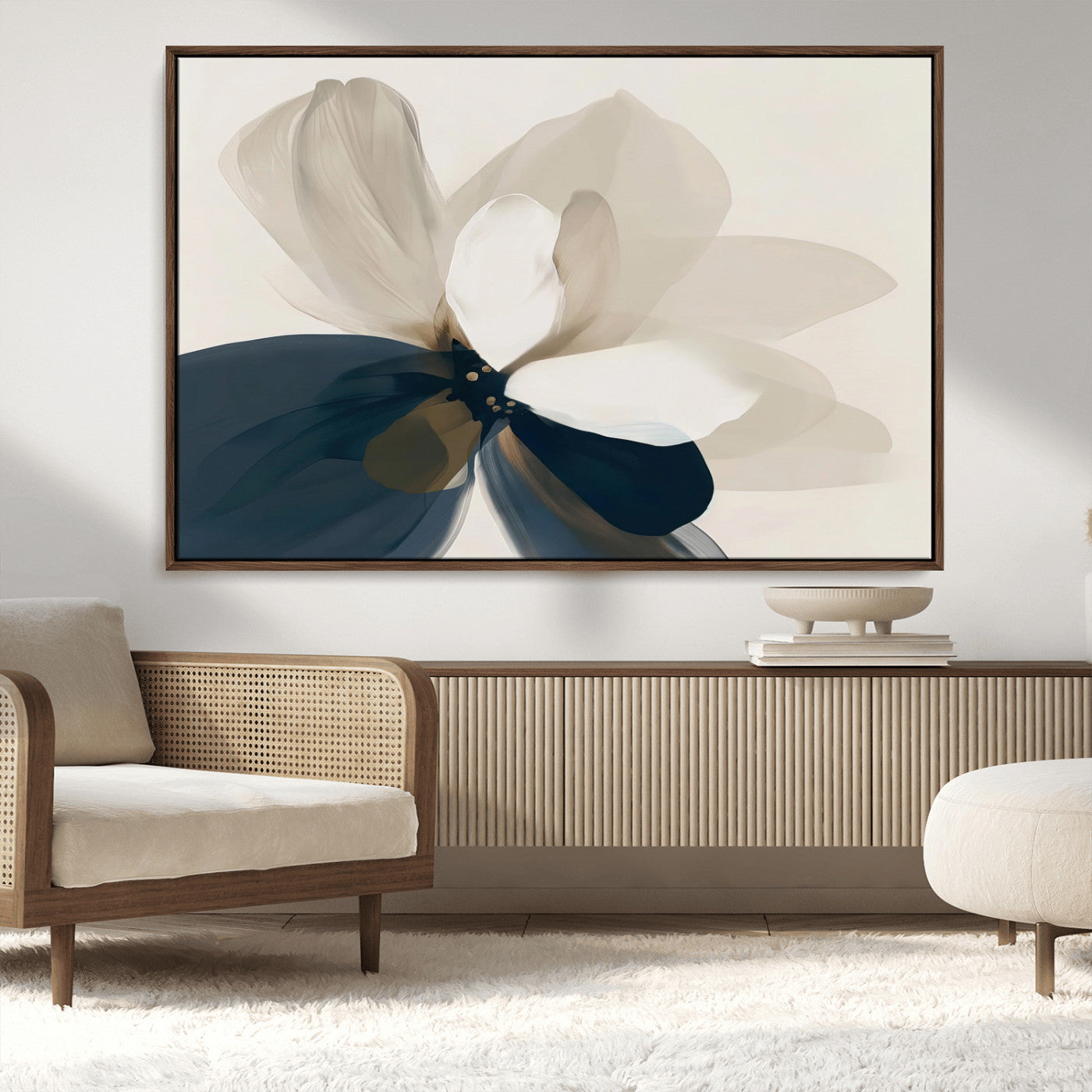 MGV-FC-36X24 - Minimal Flower Wall Art Canvas Print, Framed Flower Drawing Art Picture Print, Beige Bloom Perfect Modern Botanical Decor Artwork