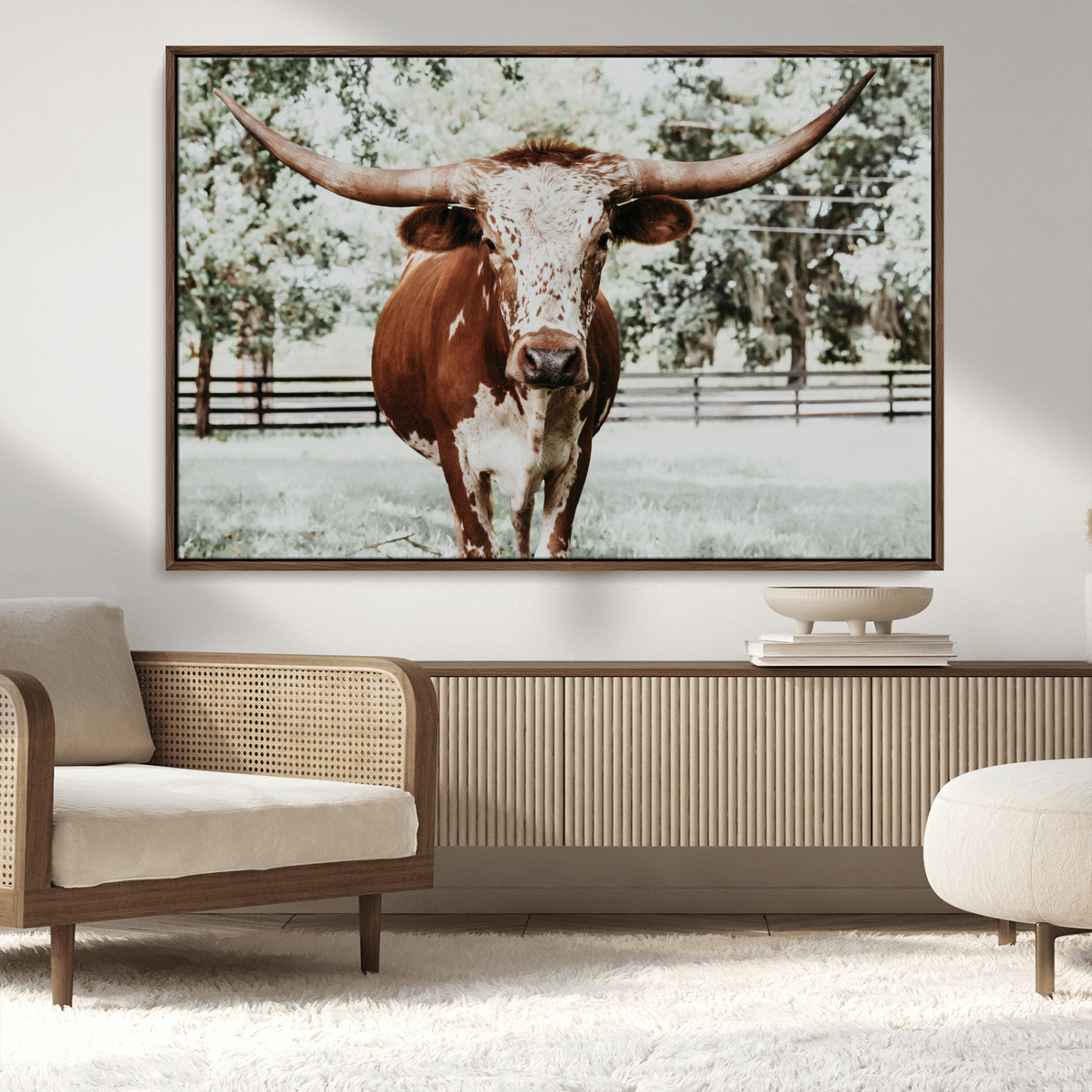 MGV-FC-36X24 - Texas Longhorn Wall Art Canvas Print, Framed Spotted Cow Art Picture Print, Horned Cattle Perfect Rustic Western Decor Artwork