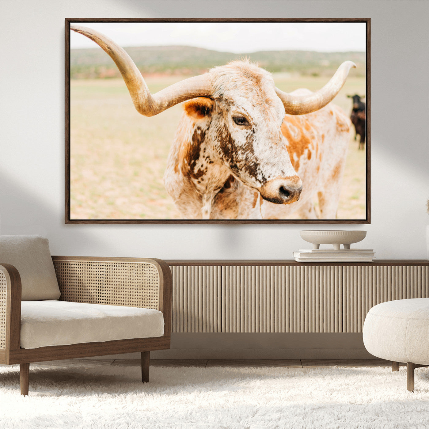 MGV-FC-36X24 - Texas Longhorn Wall Art Canvas Print, Framed Spotted Cow Art Picture Print, Horned Cattle Perfect Rustic Western Decor Artwork