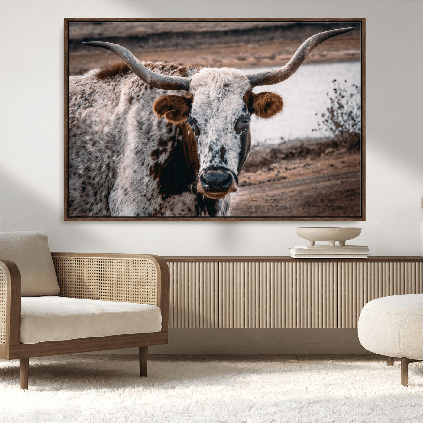 MGV-FC-36X24 - Texas Longhorn Wall Art Canvas Print, Framed Spotted Cow Art Picture Print, Horned Cattle Perfect Rustic Western Decor Artwork