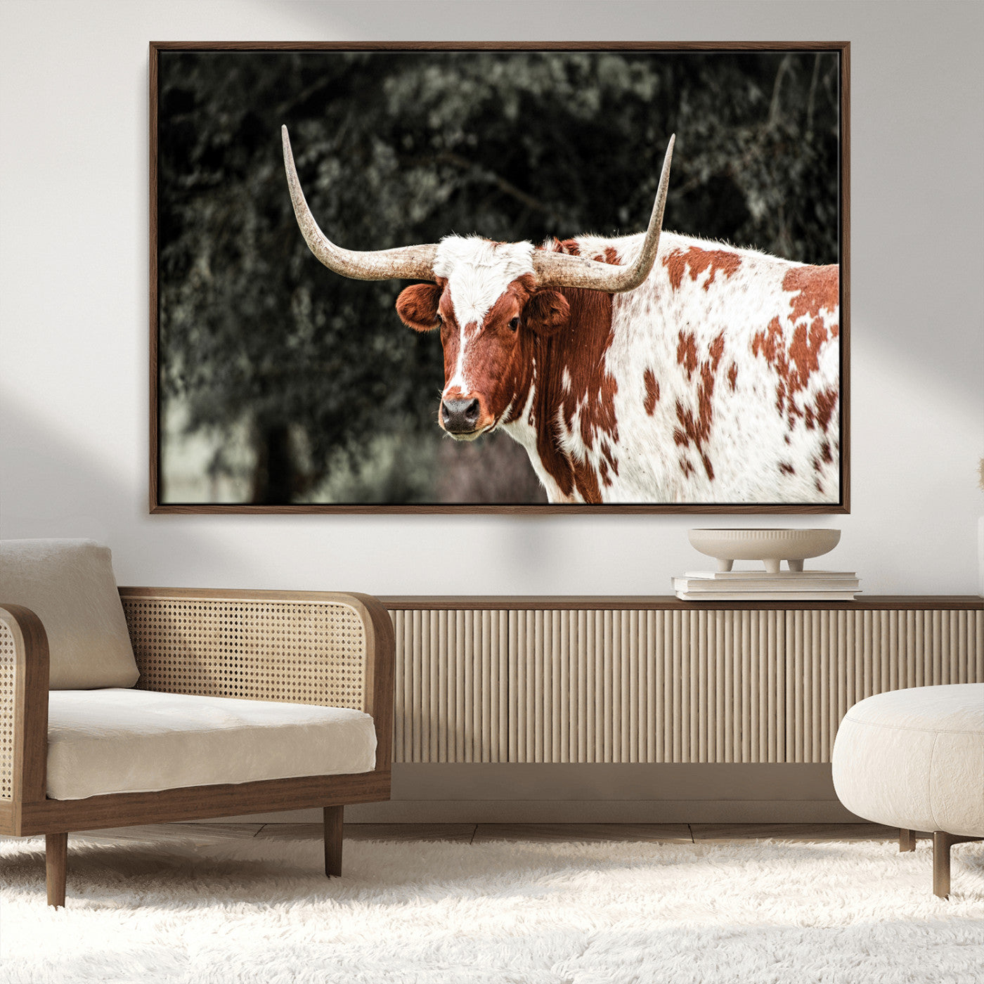 MGV-FC-36X24 - Texas Longhorn Wall Art Canvas Print, Framed Spotted Cow Art Picture Print, Horned Bull Perfect Rustic Western Decor Artwork