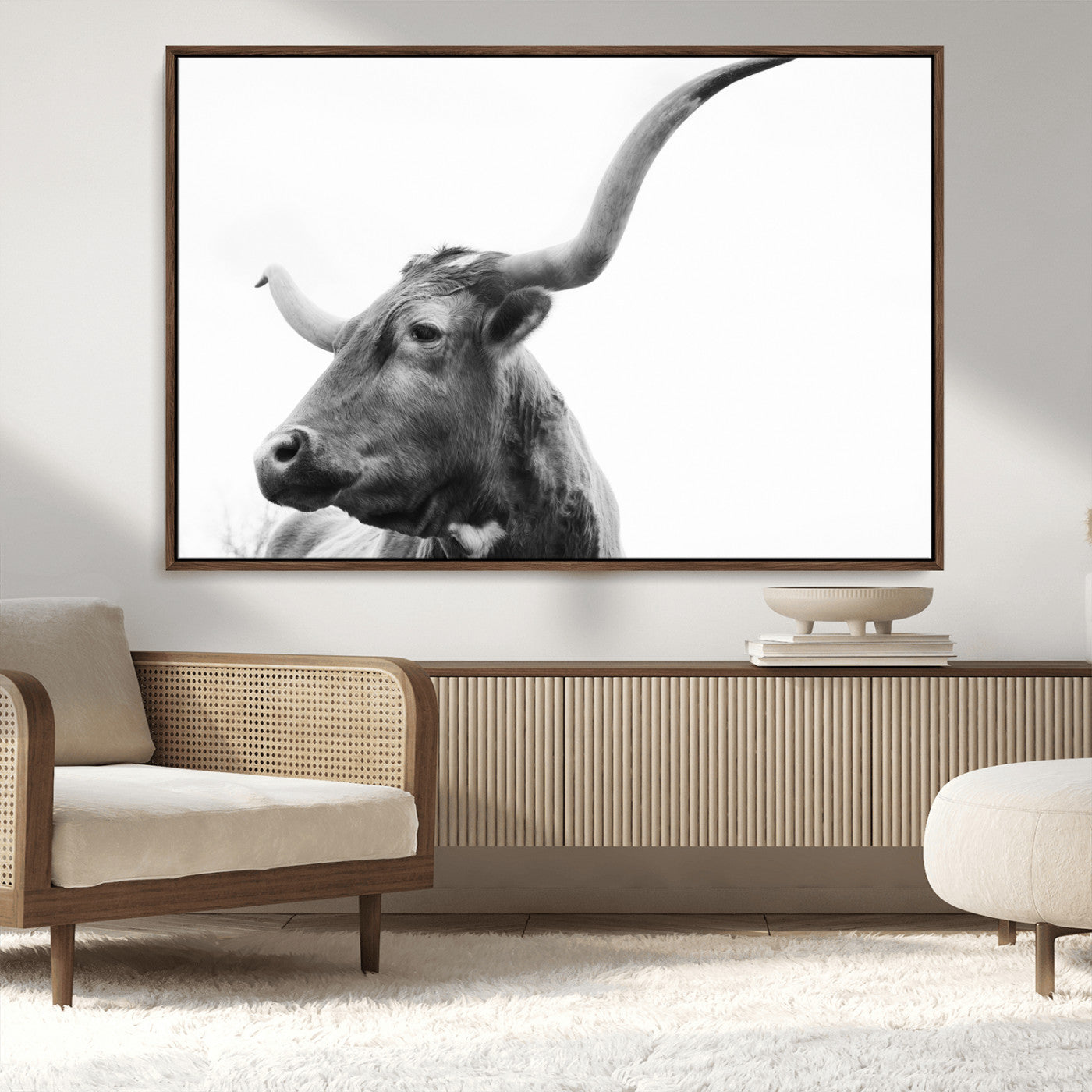 MGV-FC-36X24 - Longhorn Wall Art Wall Art Canvas Print, Framed Modern Ranch Style Art Art Picture Print, Monochrome Cow Print Perfect Rustic Western Decor Artwork