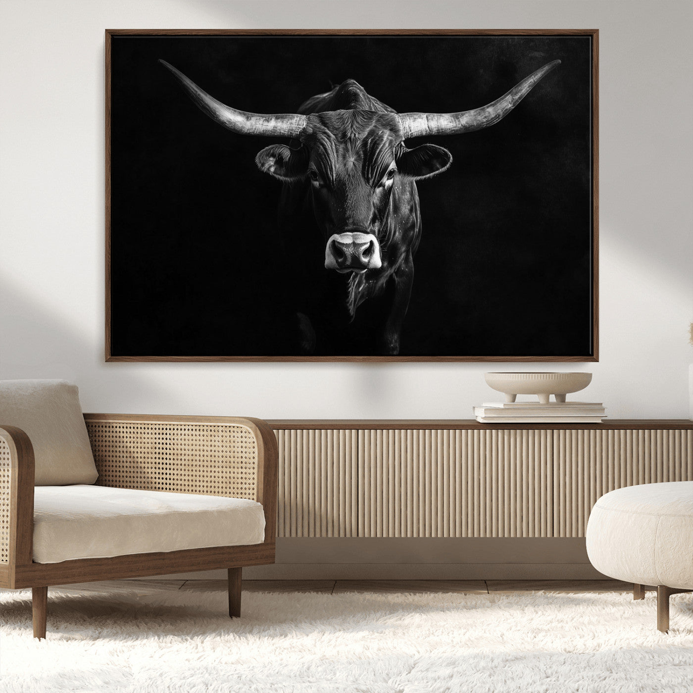 MGV-FC-36X24 - Texas Longhorn Wall Art Canvas Print, Framed Monochrome Bull Art Picture Print, Horned Bull Perfect Rustic Western Decor Artwork
