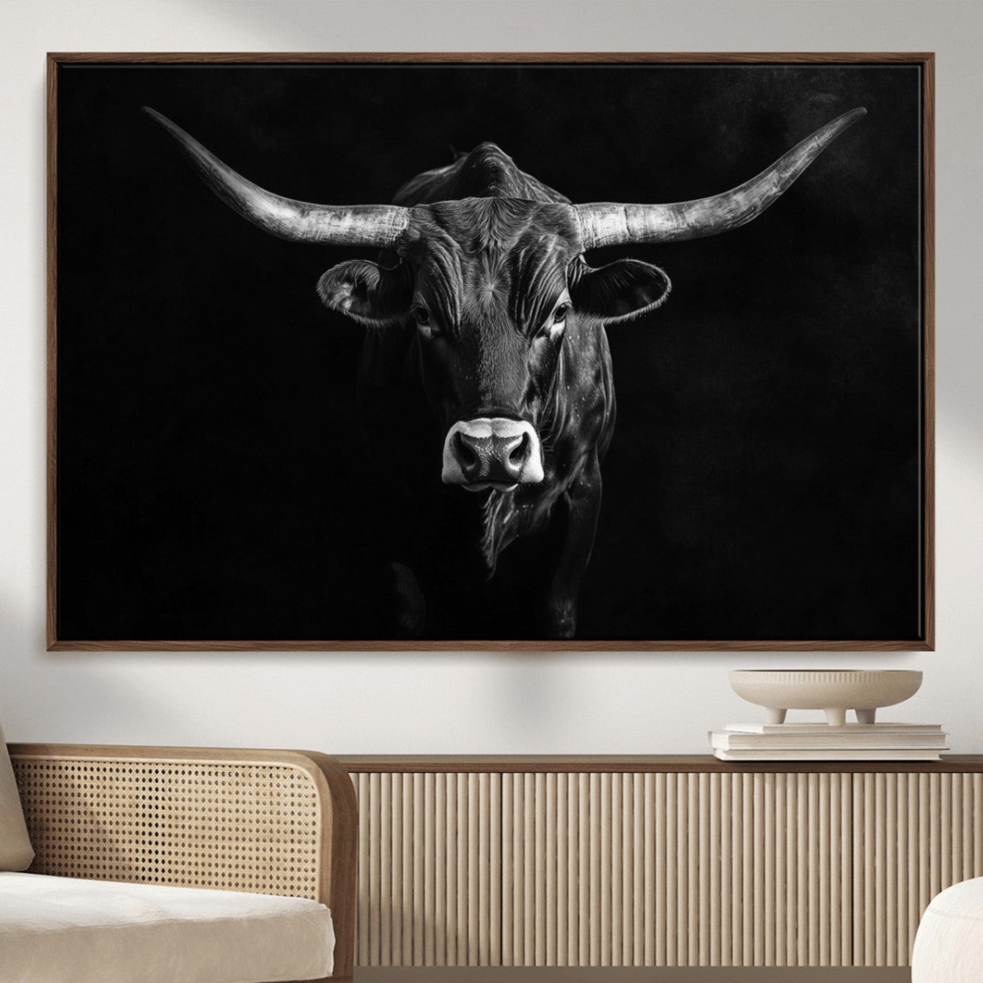 42077175-MGV-FC-36X24_Walnut-Texas Longhorn Wall Art Canvas Print – Framed Monochrome Horned Bull Rustic Western Cattle Artwork for Home, Office